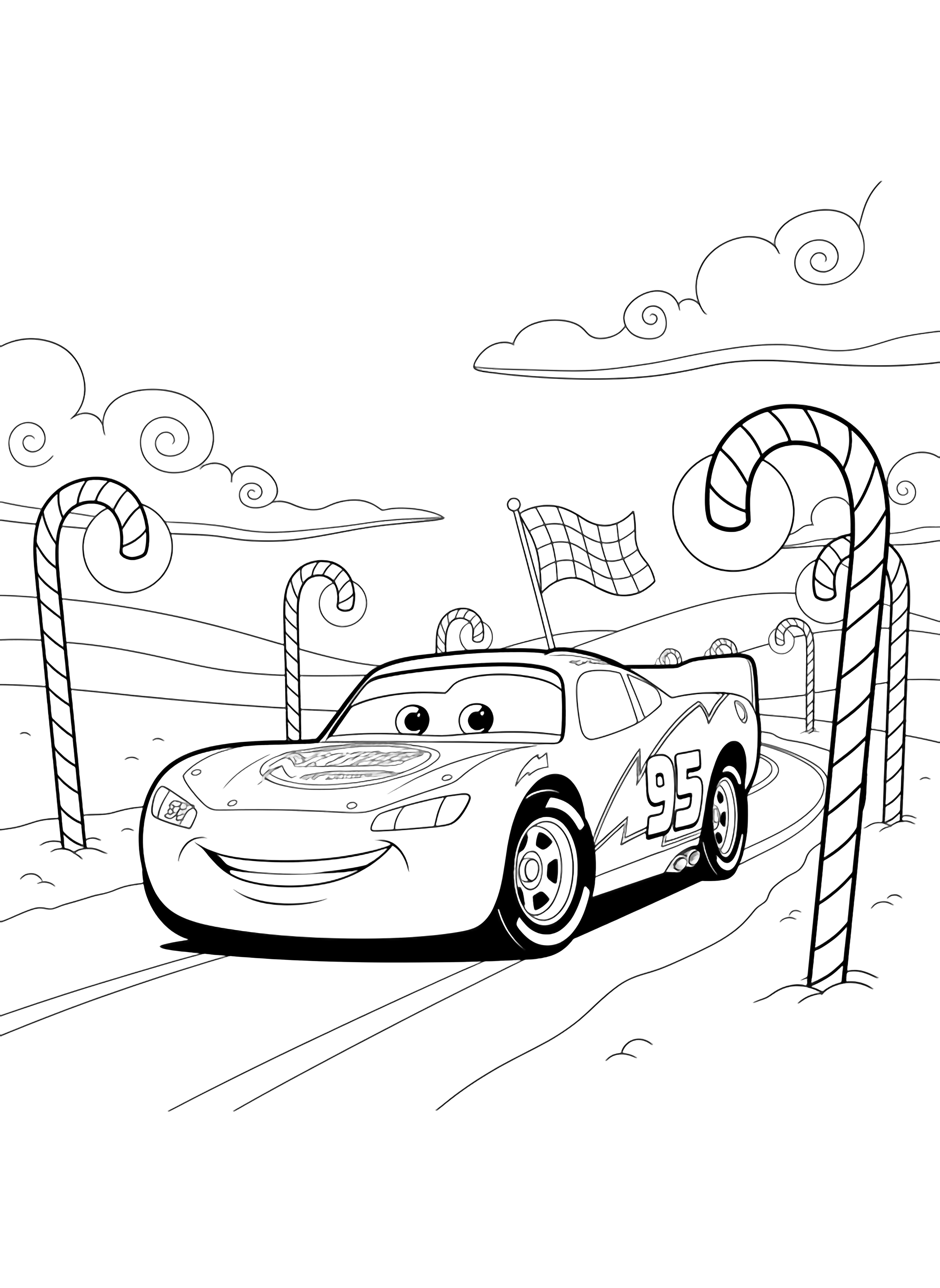 Lightning McQueen leaning left on a snowy racetrack, oversized candy-cane striped streetlamps in front, distant finish flag, drifting clouds above. kleurplaat