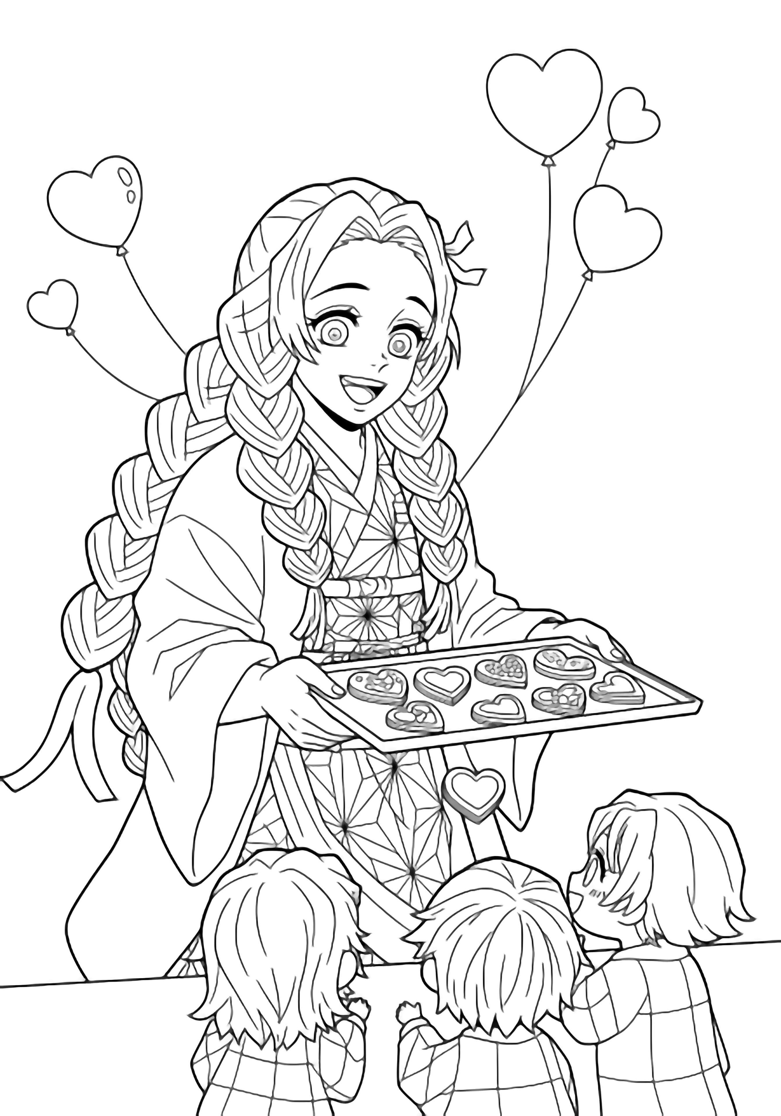 Mitsuri Kanroji offers heart cookies to three chibi friends; her wavy hair frames a smiling face, heart balloons float above a table edge. kleurplaat