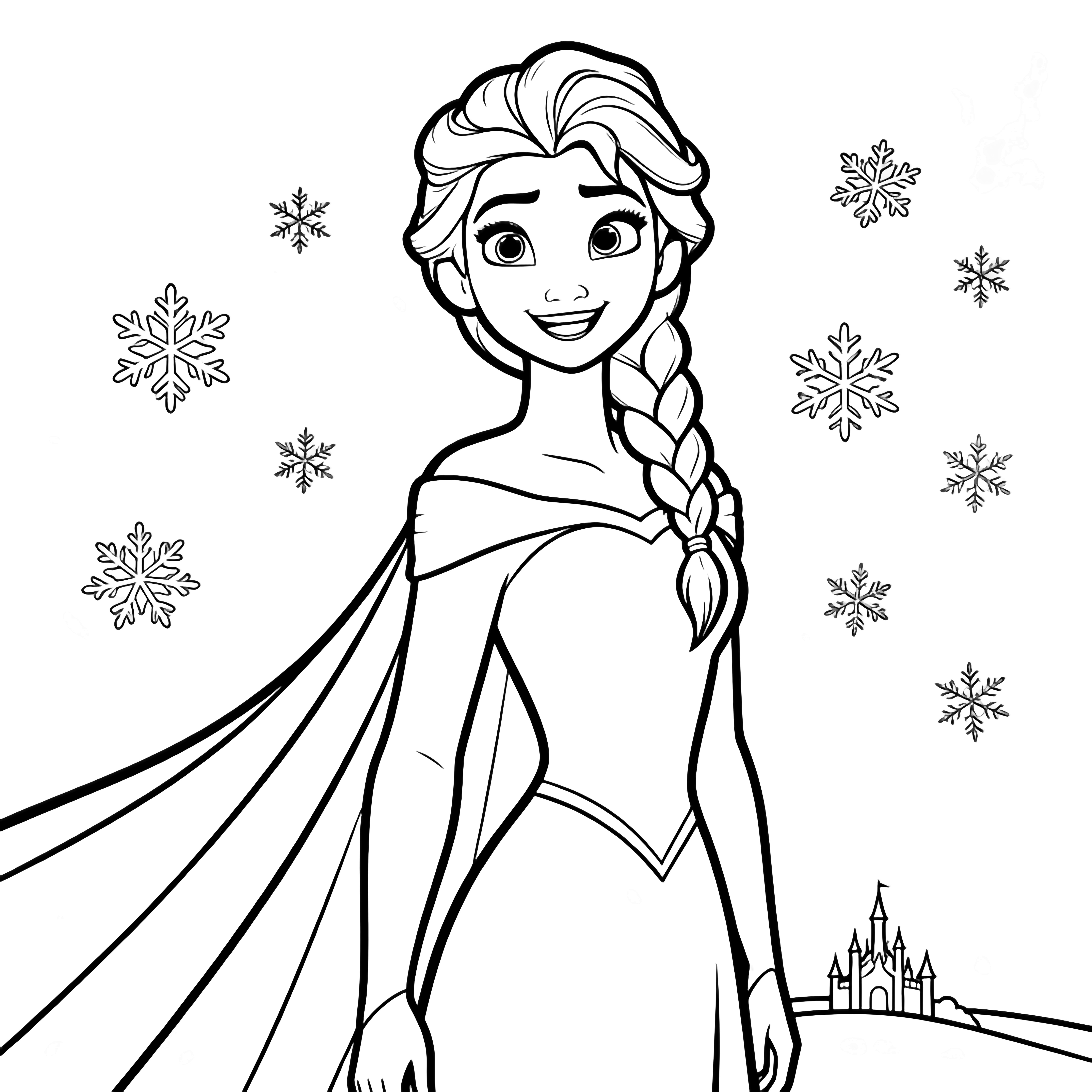 Smiling Elsa stands with braid over shoulder, cape billowing; snowflakes drift around her feet, tiny castle on distant horizon. kleurplaat