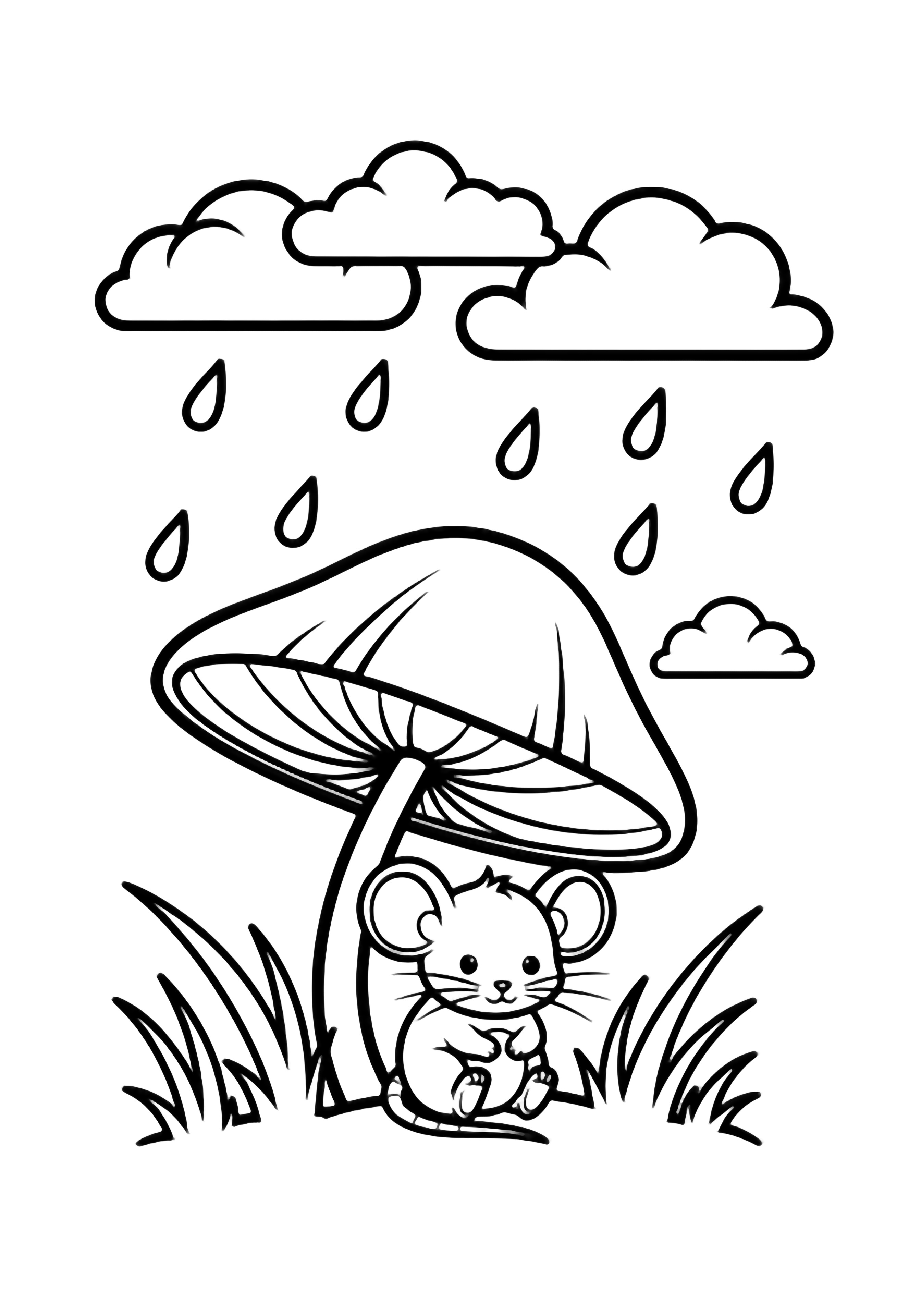 A tiny mouse shelters under a mushroom umbrella while raindrops fall from puffy clouds, grass blades surrounding. kleurplaat