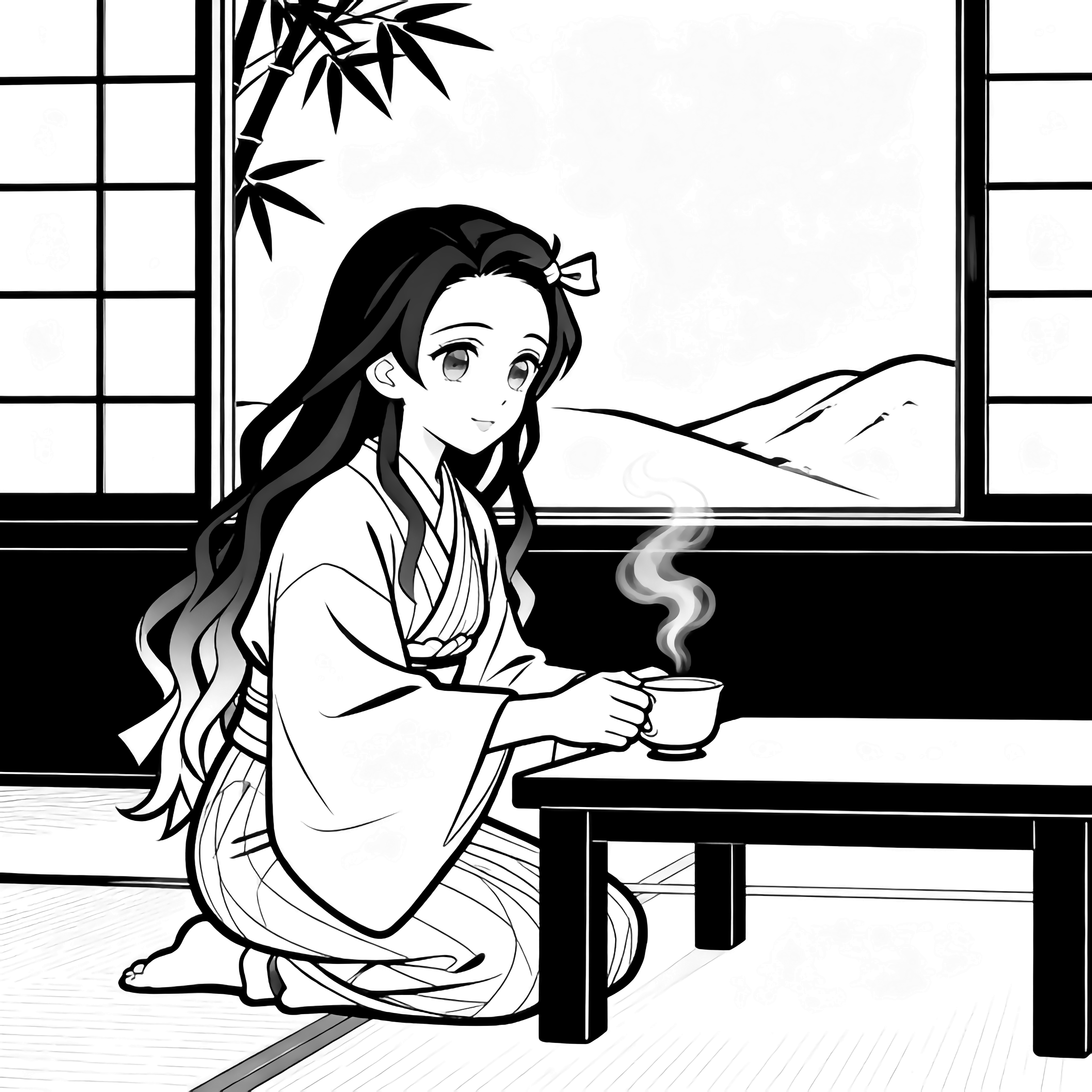 Nezuko kneels at a low table lifting a teacup; behind her, a big window frames bamboo silhouettes, steamy panes, and distant rolling hills. kleurplaat