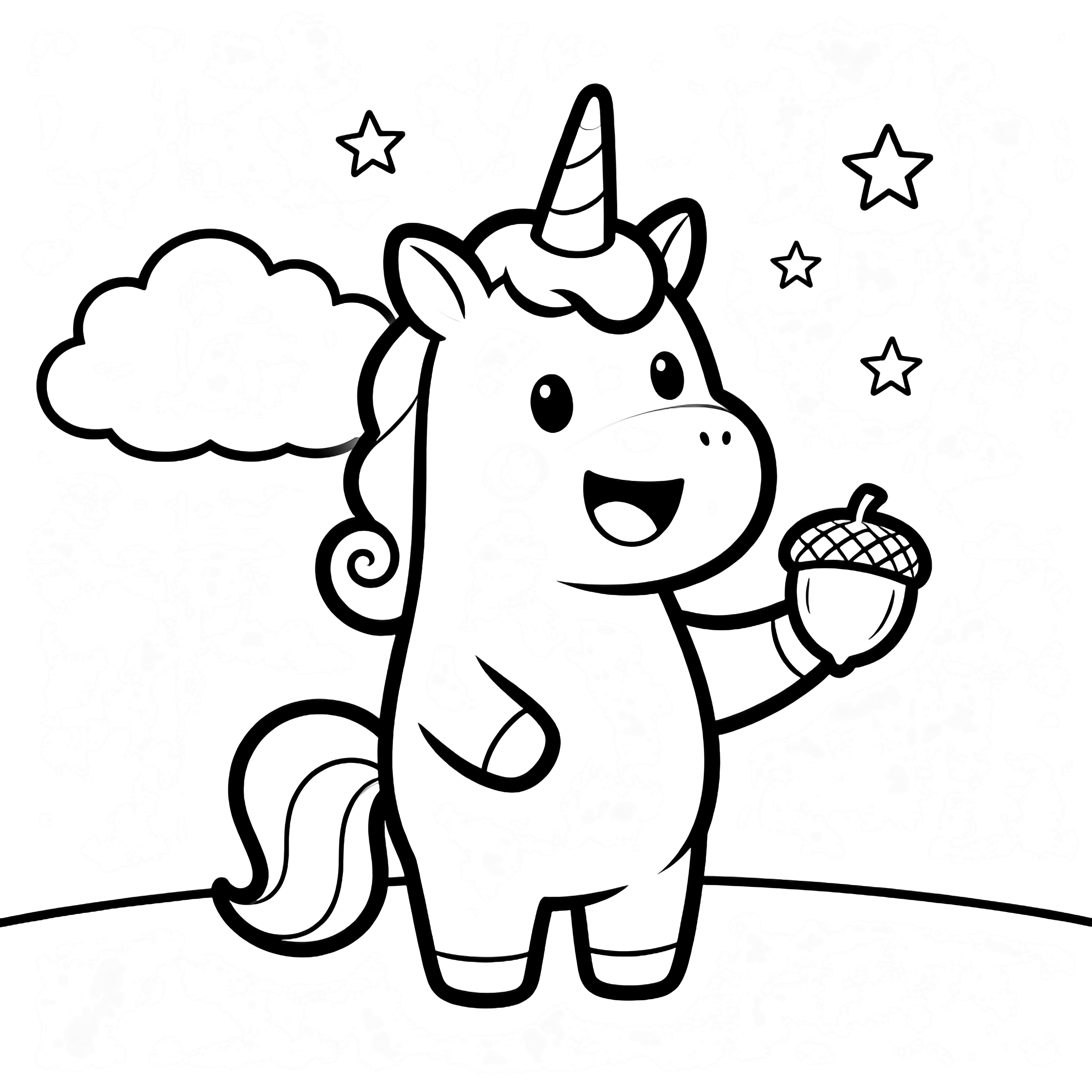 A cheerful, plump unicorn with a curled mane clutches an acorn while tiny stars hover nearby and a cloud drifts behind. kleurplaat