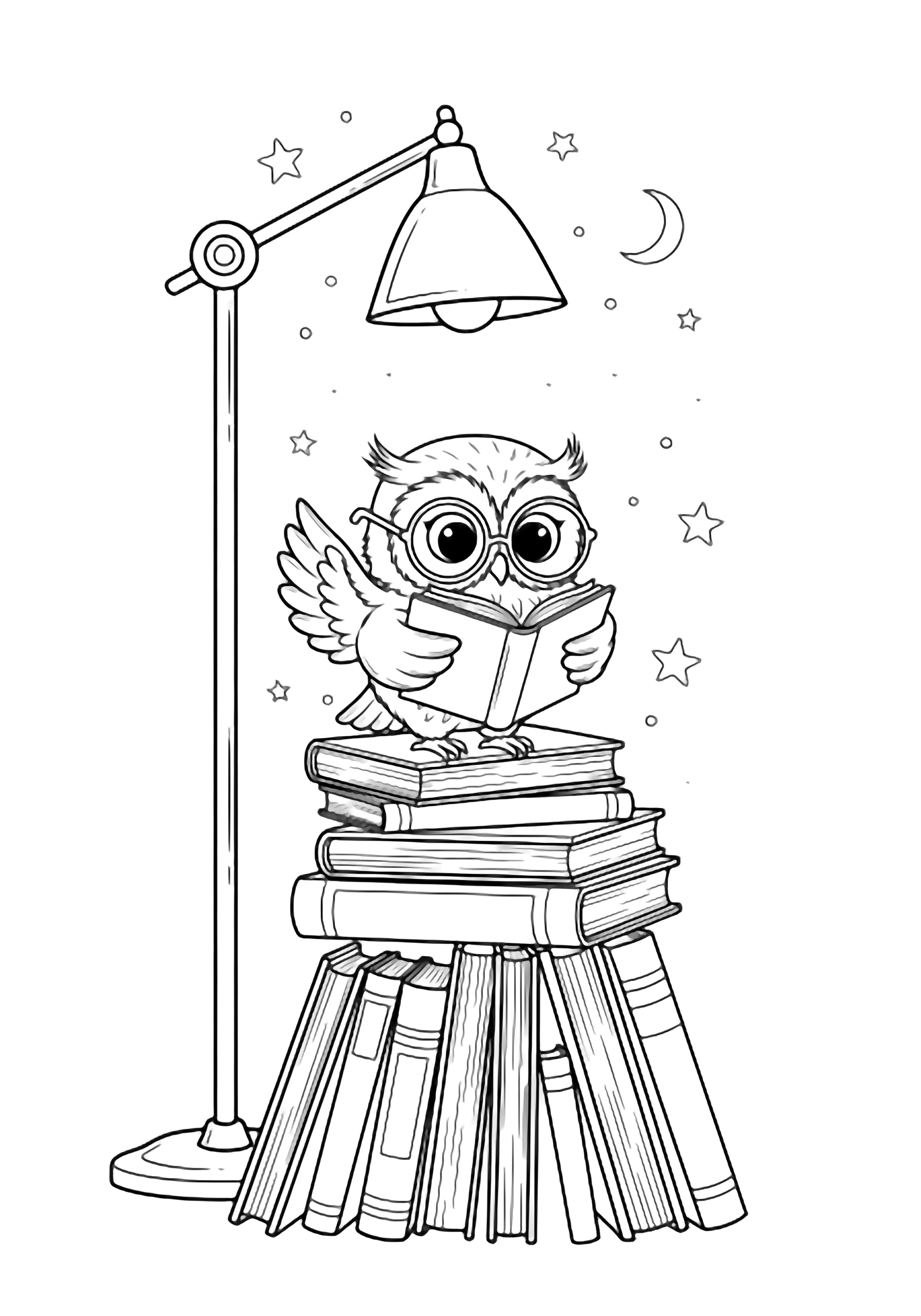 Tiny owl wearing big round glasses sits on stacked books, holding an open book; slender lamp above, faint stars and crescent moon behind. kleurplaat