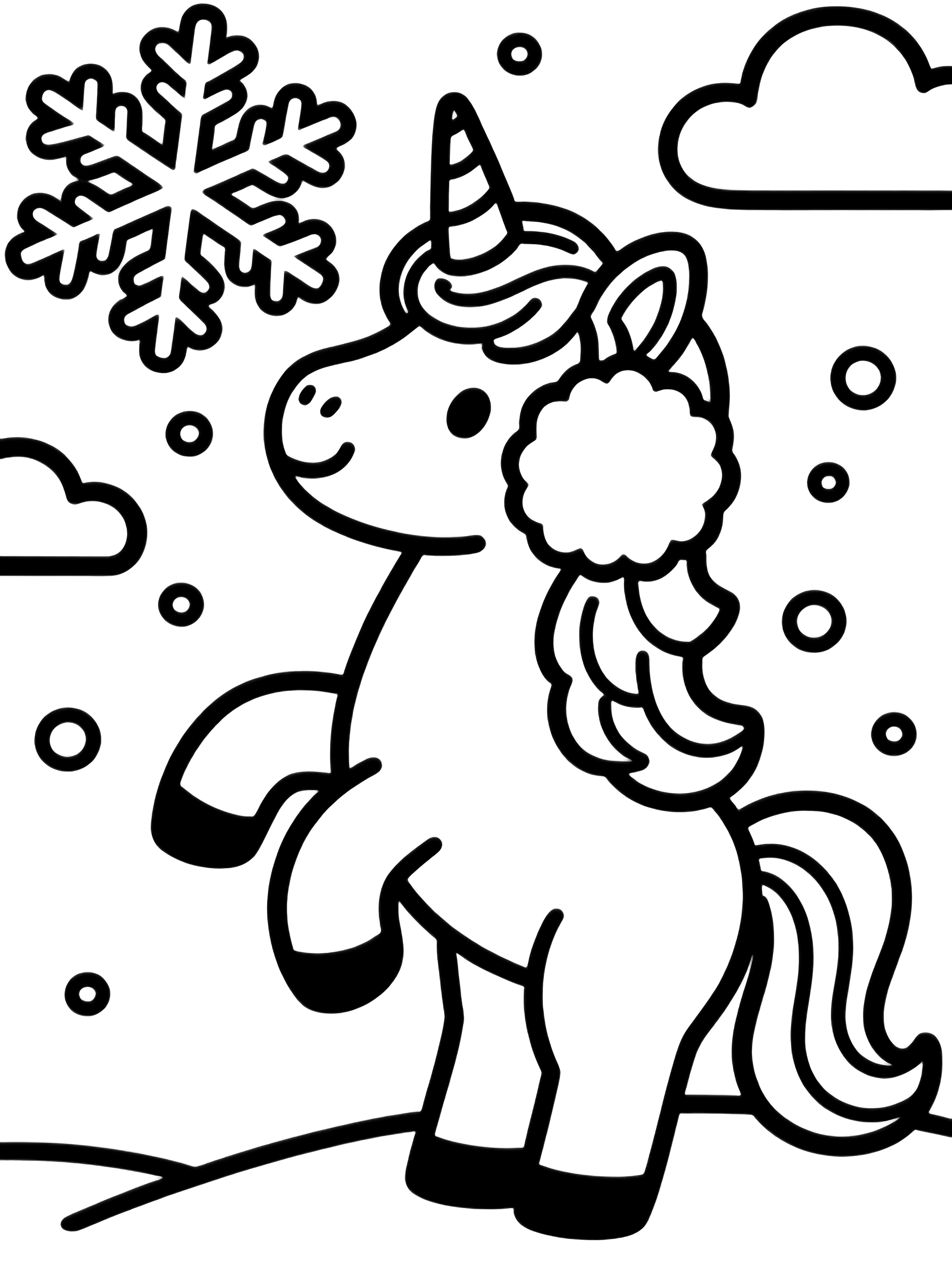 A kawaii unicorn wearing big earmuffs stands on hind legs, snout lifted, as oversized snowflakes drift around its mane, with simple hills and clouds behind. kleurplaat