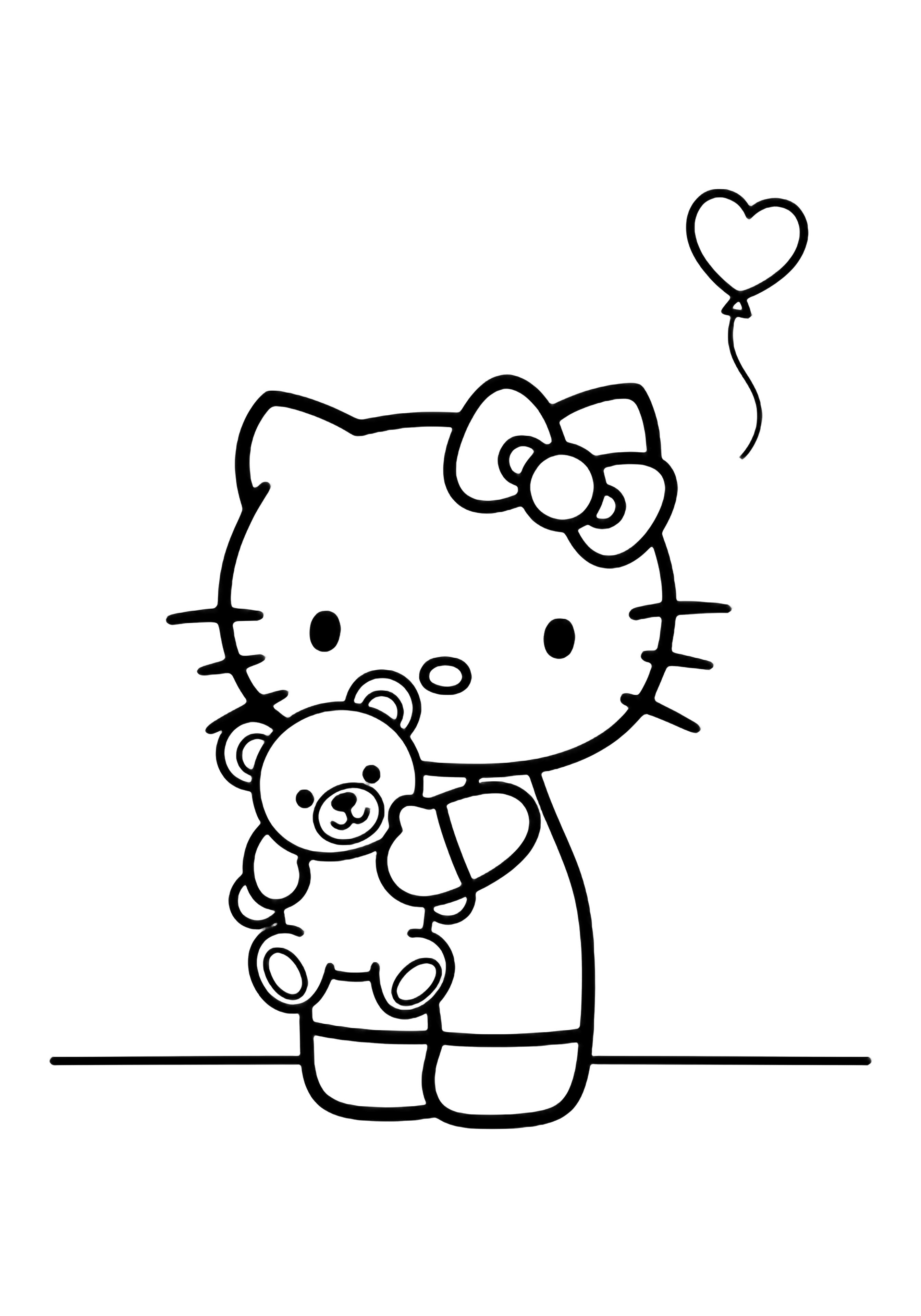 Hello Kitty smiling while hugging a round teddy bear, tiny heart balloon floating behind her, simple floor line kleurplaat
