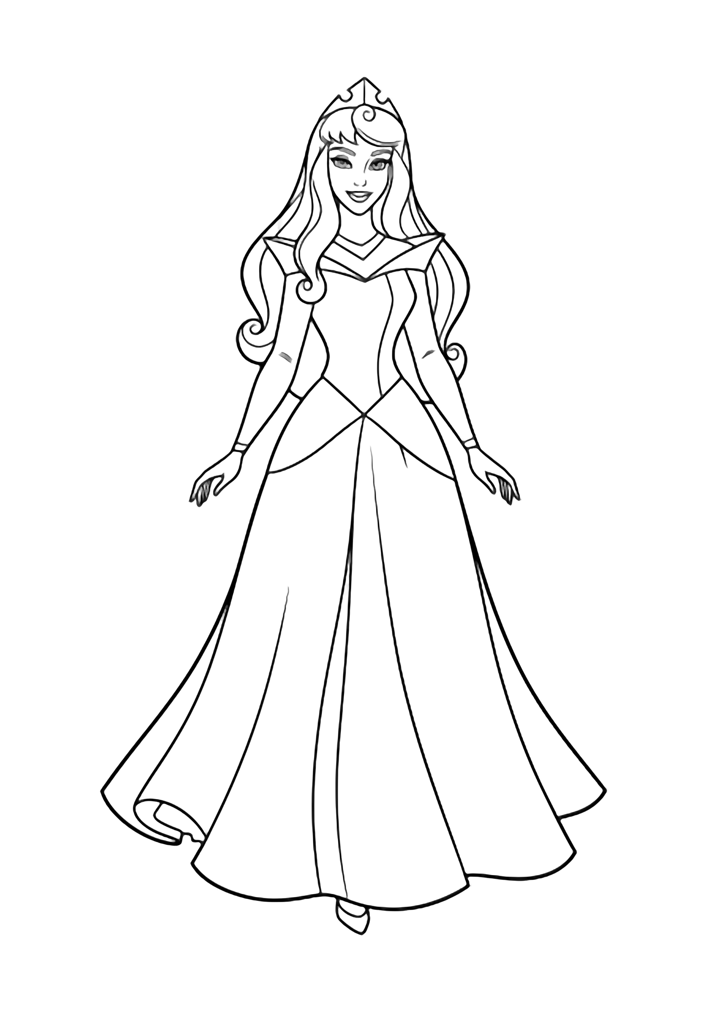 Aurora stands centered, long hair flowing, gown hem curved, thin crown, arms gently at sides. kleurplaat