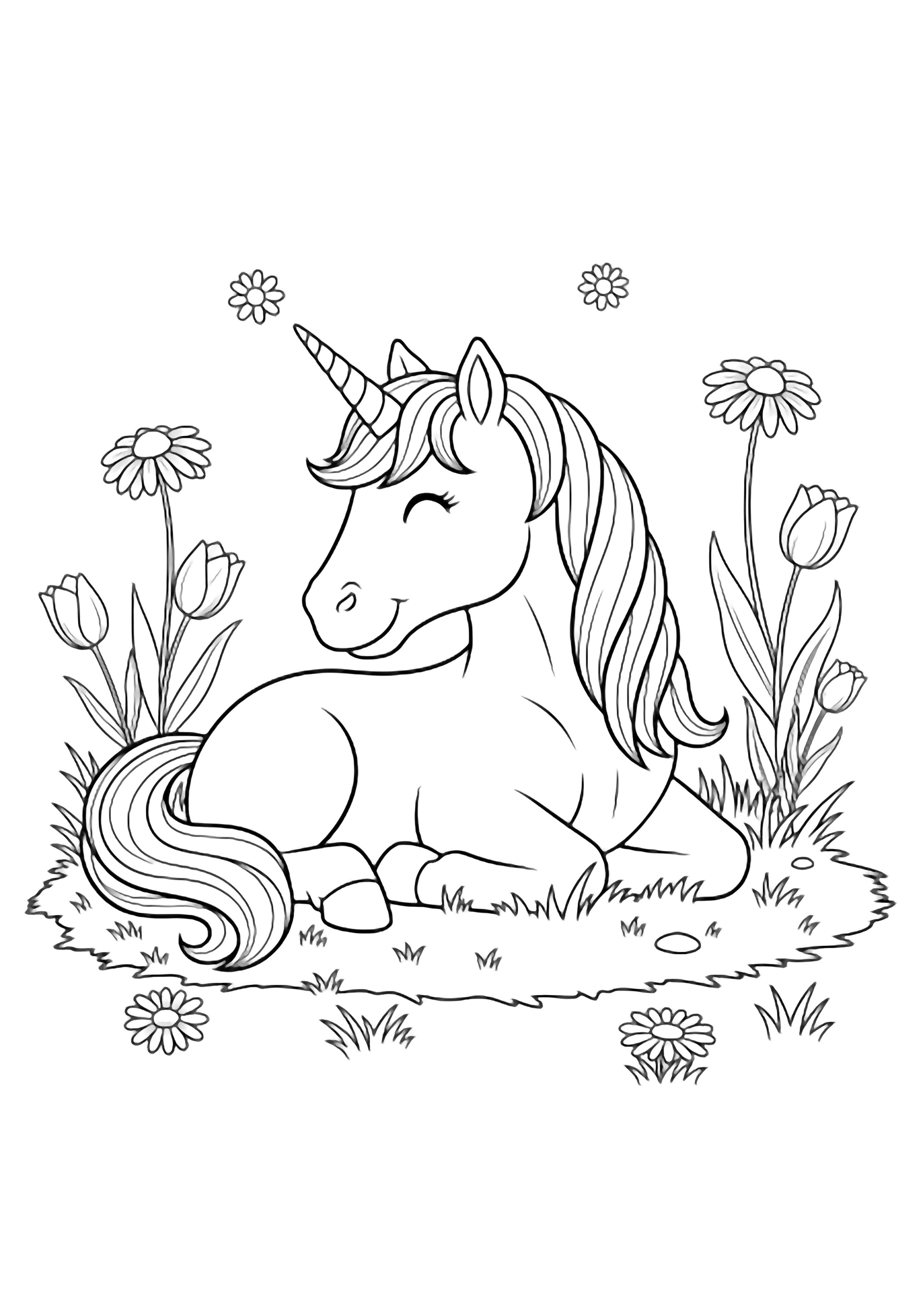 A smiling unicorn lounges on tufted grass amid daisies and tulips in an open meadow. kleurplaat