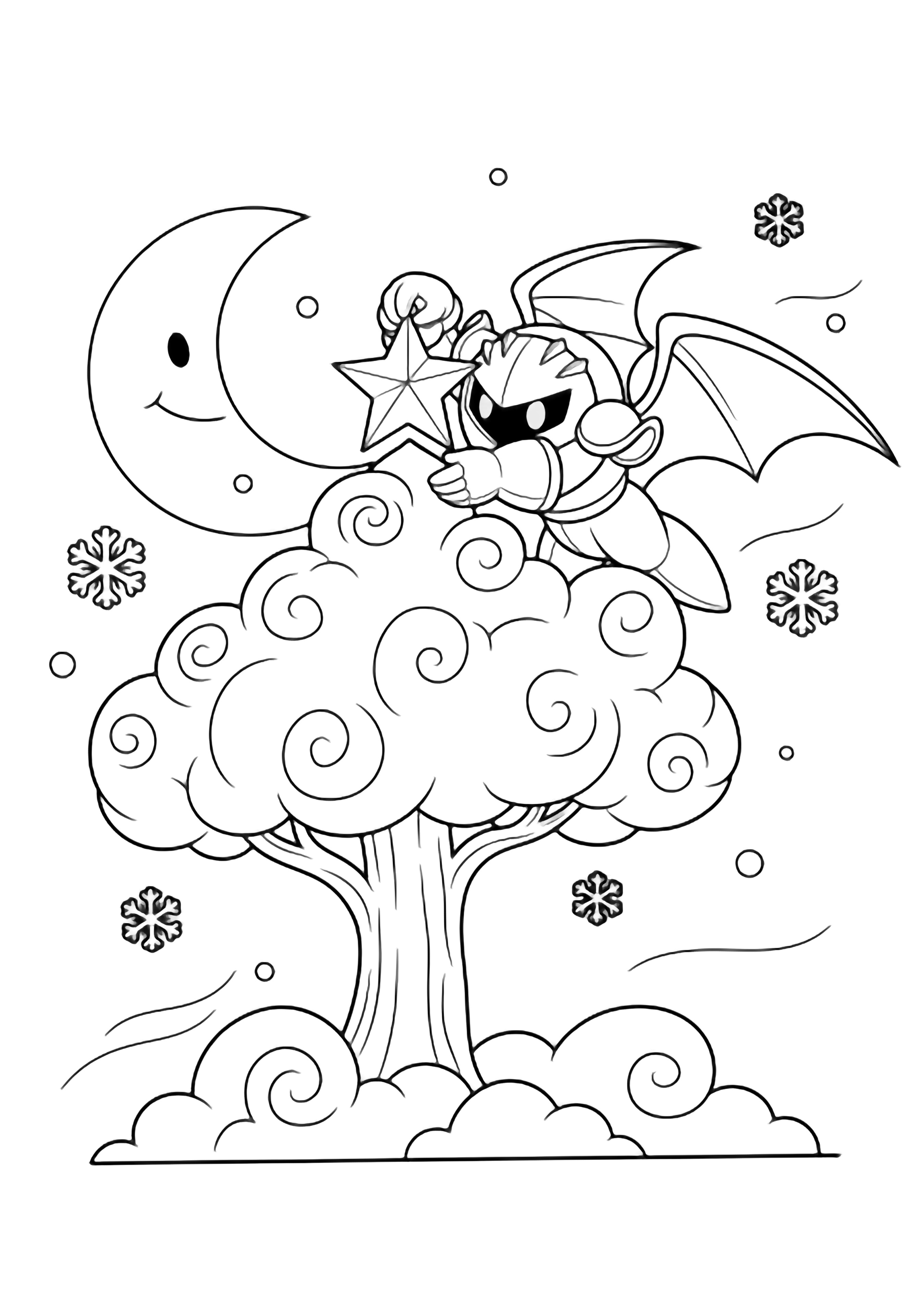 Meta Knight with spread wings places a star on a cloud shaped like a tree, surrounded by swirled clouds, drifting snowflakes, and a smiling crescent moon. kleurplaat