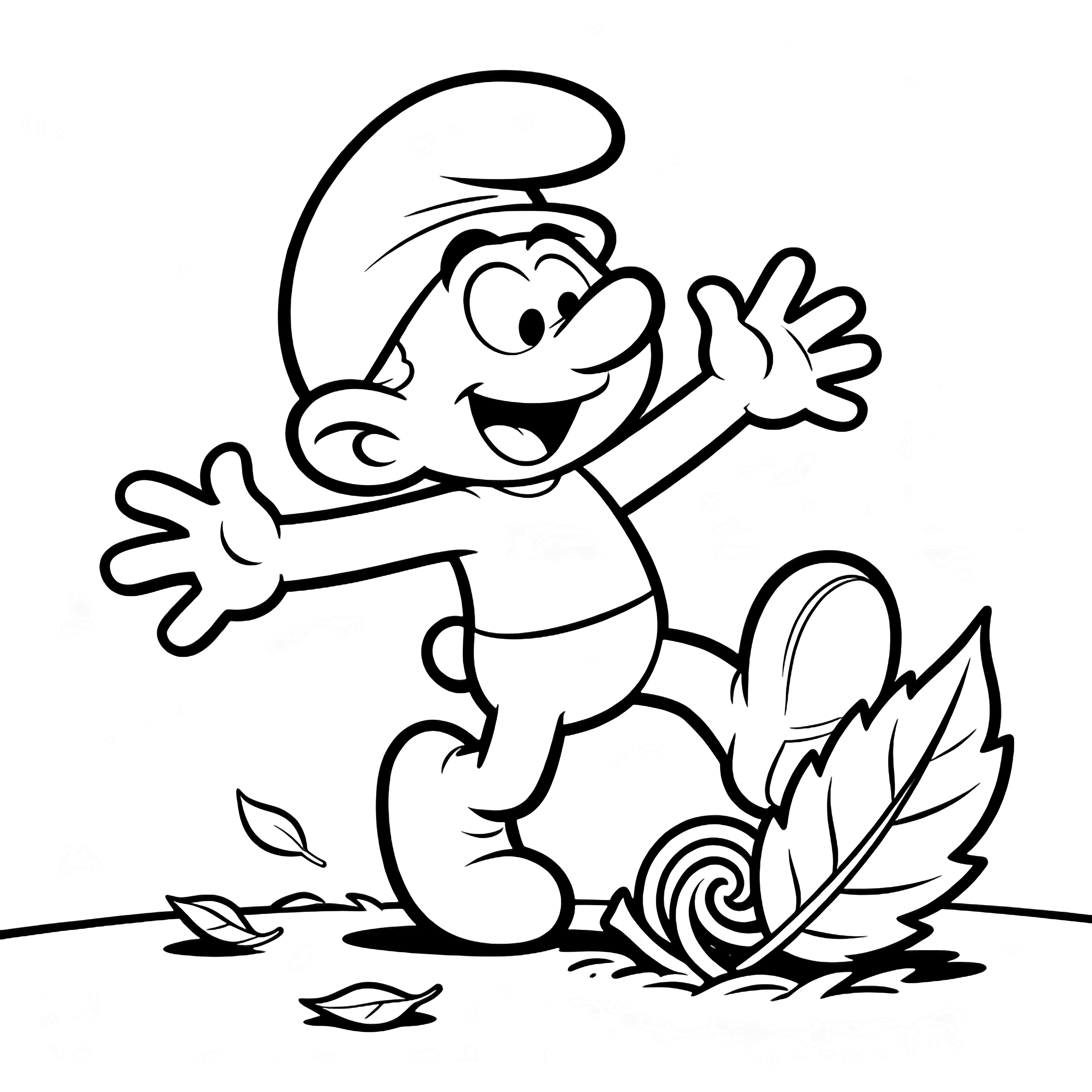 Clumsy Smurf stumbling with arms flung, one foot caught in a leafy swirl, grinning, leaves on the ground. kleurplaat
