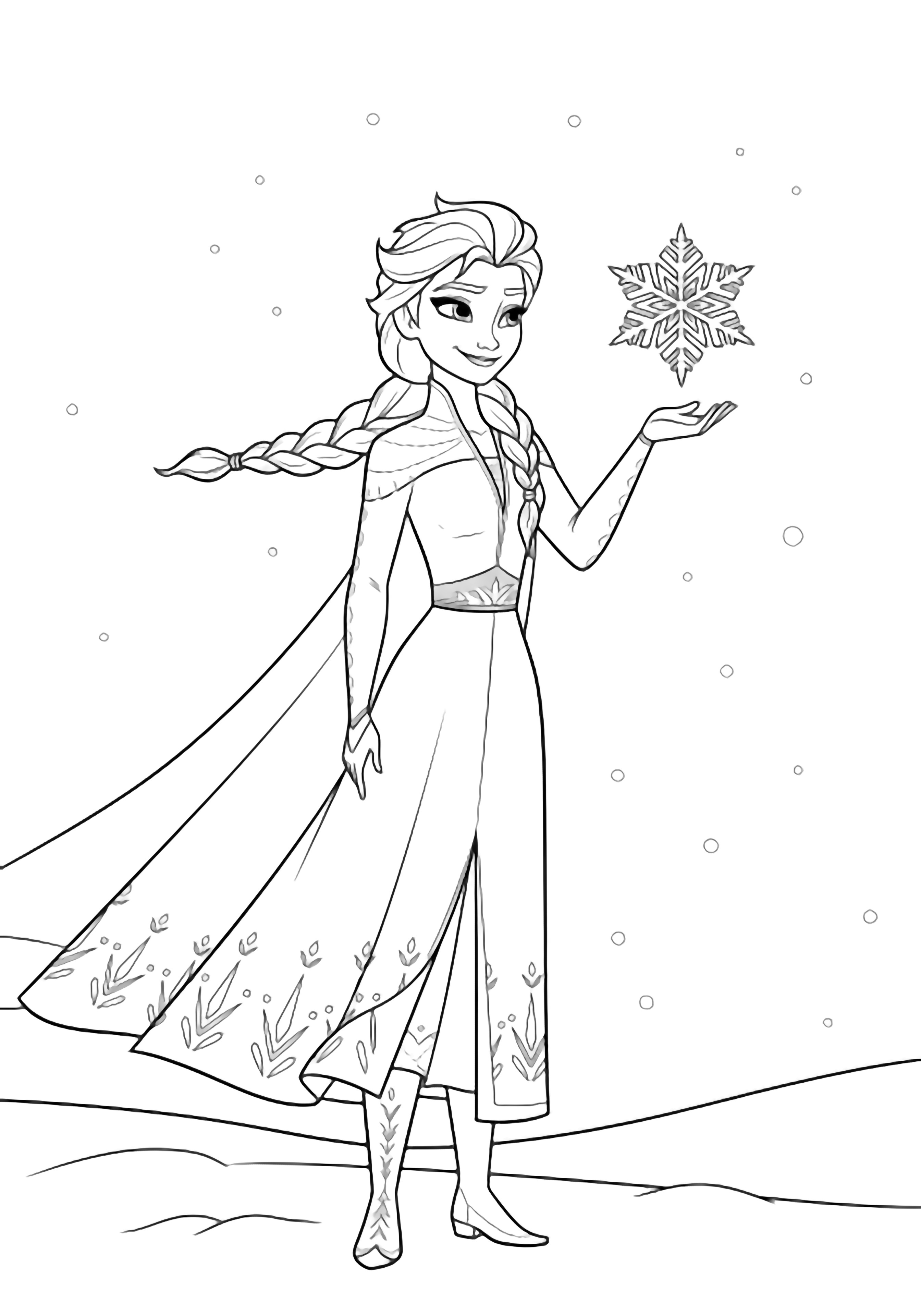 Smiling Elsa holds palm up, a snowflake hovering above it; braid drifting, light snow flurries, simple snowy ground. kleurplaat