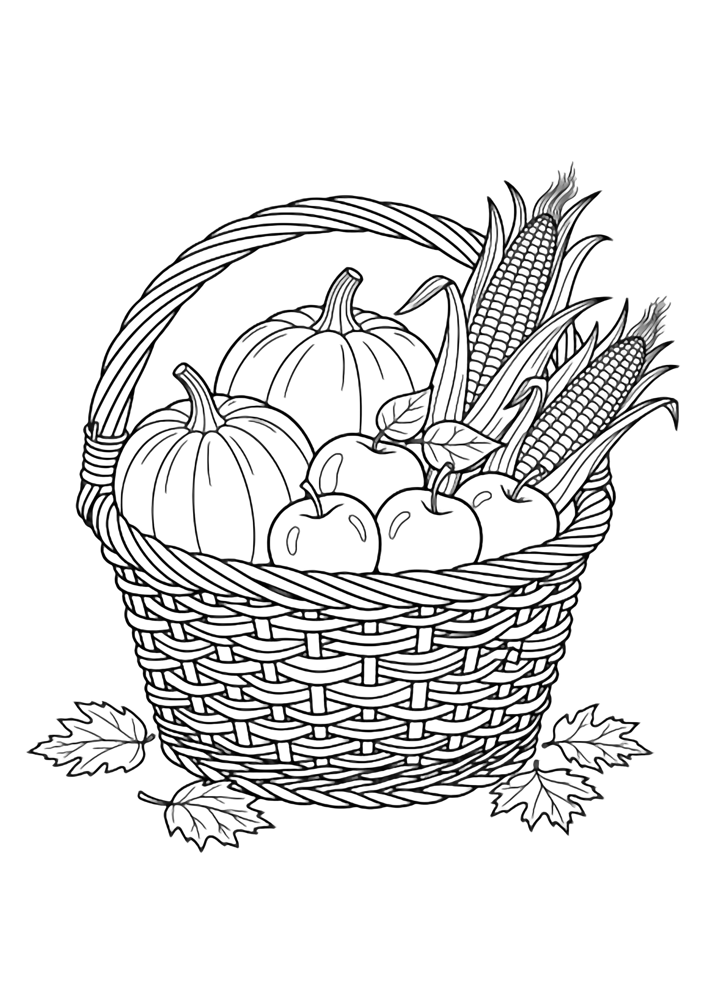 A wicker basket brims with pumpkins, apples, and corn; a few fallen leaves rest nearby. kleurplaat