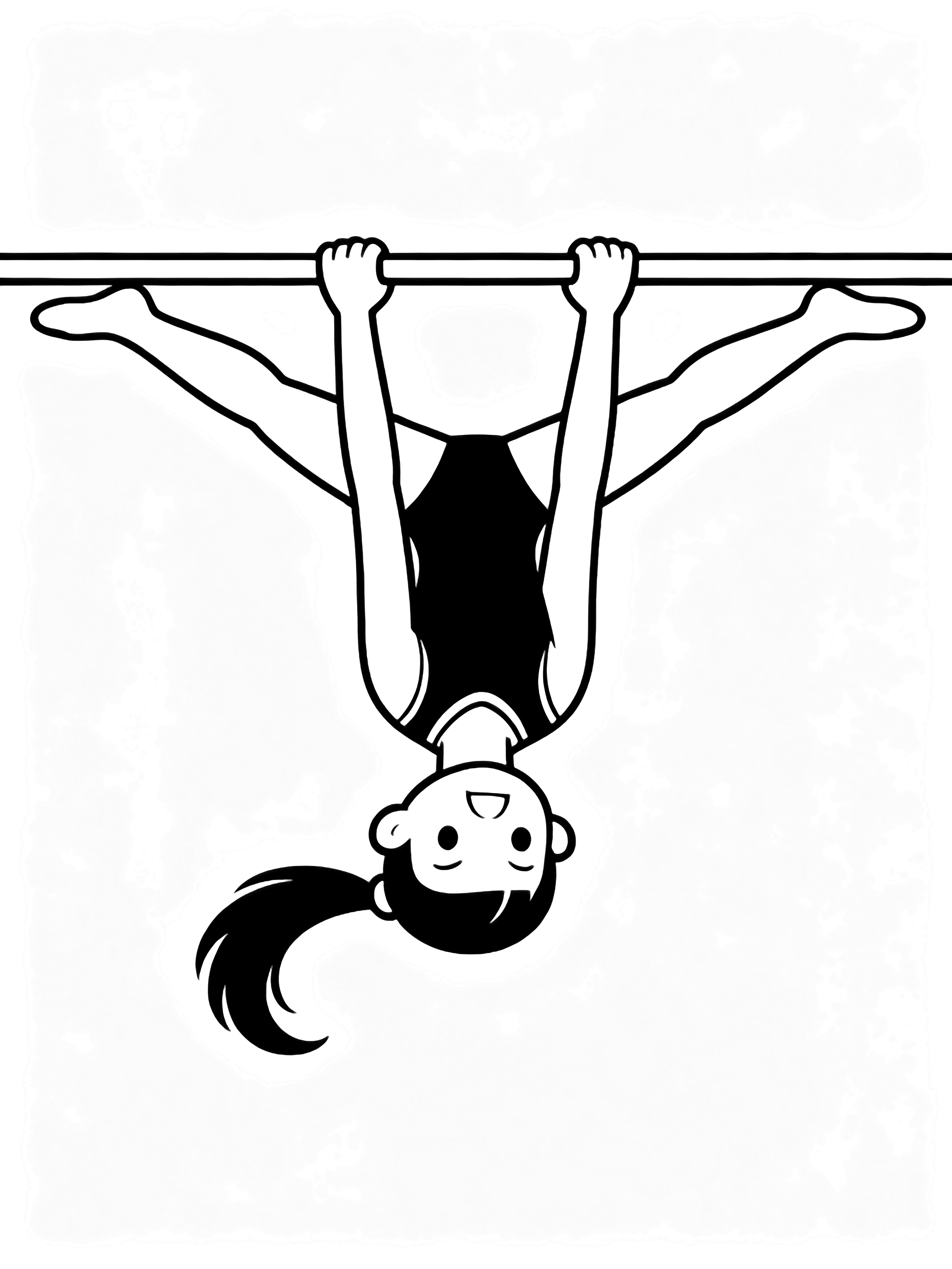A smiling gymnast in a leotard hangs upside-down from parallel bars, legs split, ponytail arcing. kleurplaat