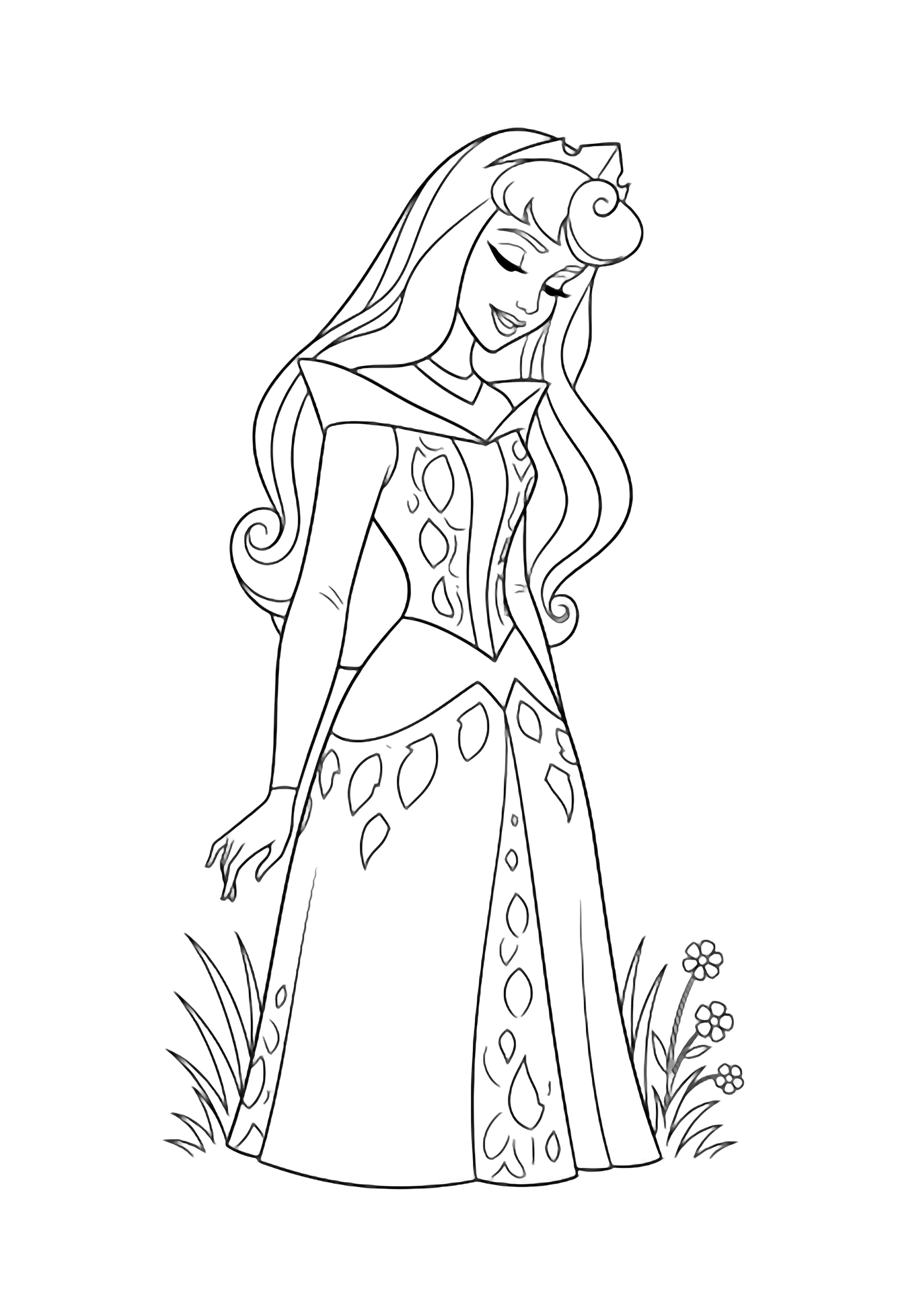 Princess Aurora stands with tilted head, long dark hair flowing, eyes closed in a soft smile, wearing a simple gown; minimal grass and flowers near her feet. kleurplaat