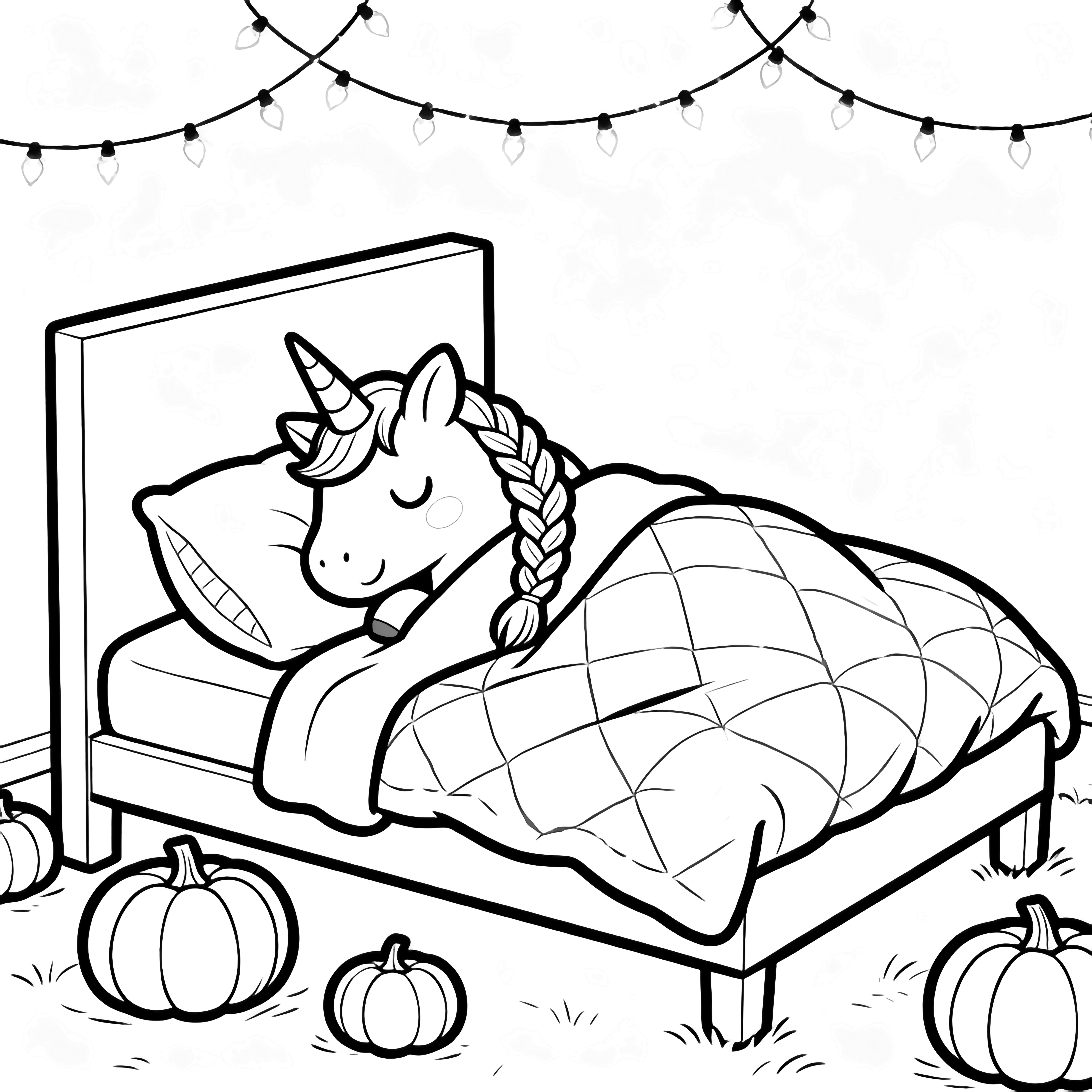 A smiling braided-mane unicorn cozies under a quilt in a low bed; pumpkins scatter on the floor and fairy-light strings loop overhead. kleurplaat