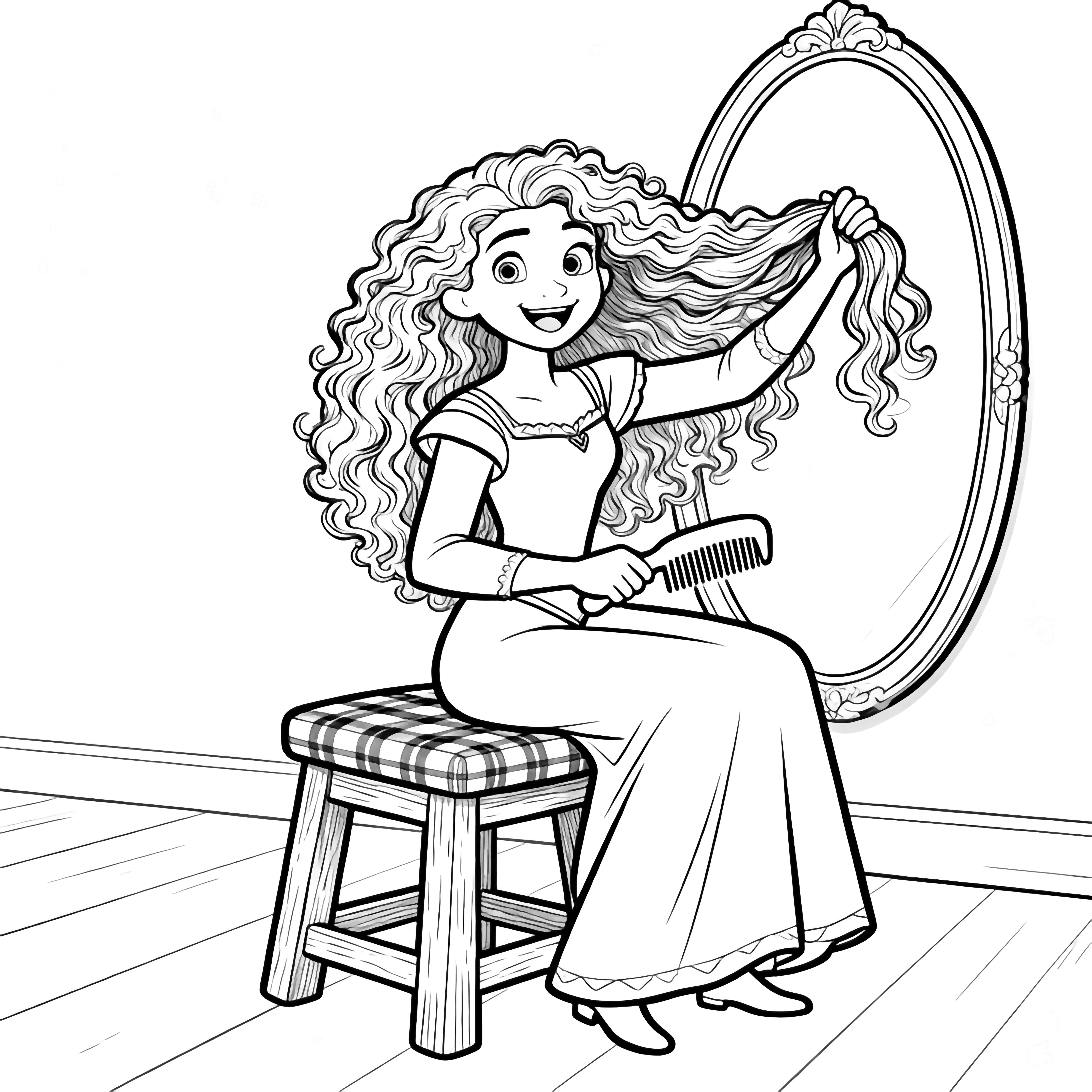 Merida sits on a wooden stool, lifting her curly hair with one hand while combing it with the other; plaid chair, plain floor, oval mirror behind. kleurplaat