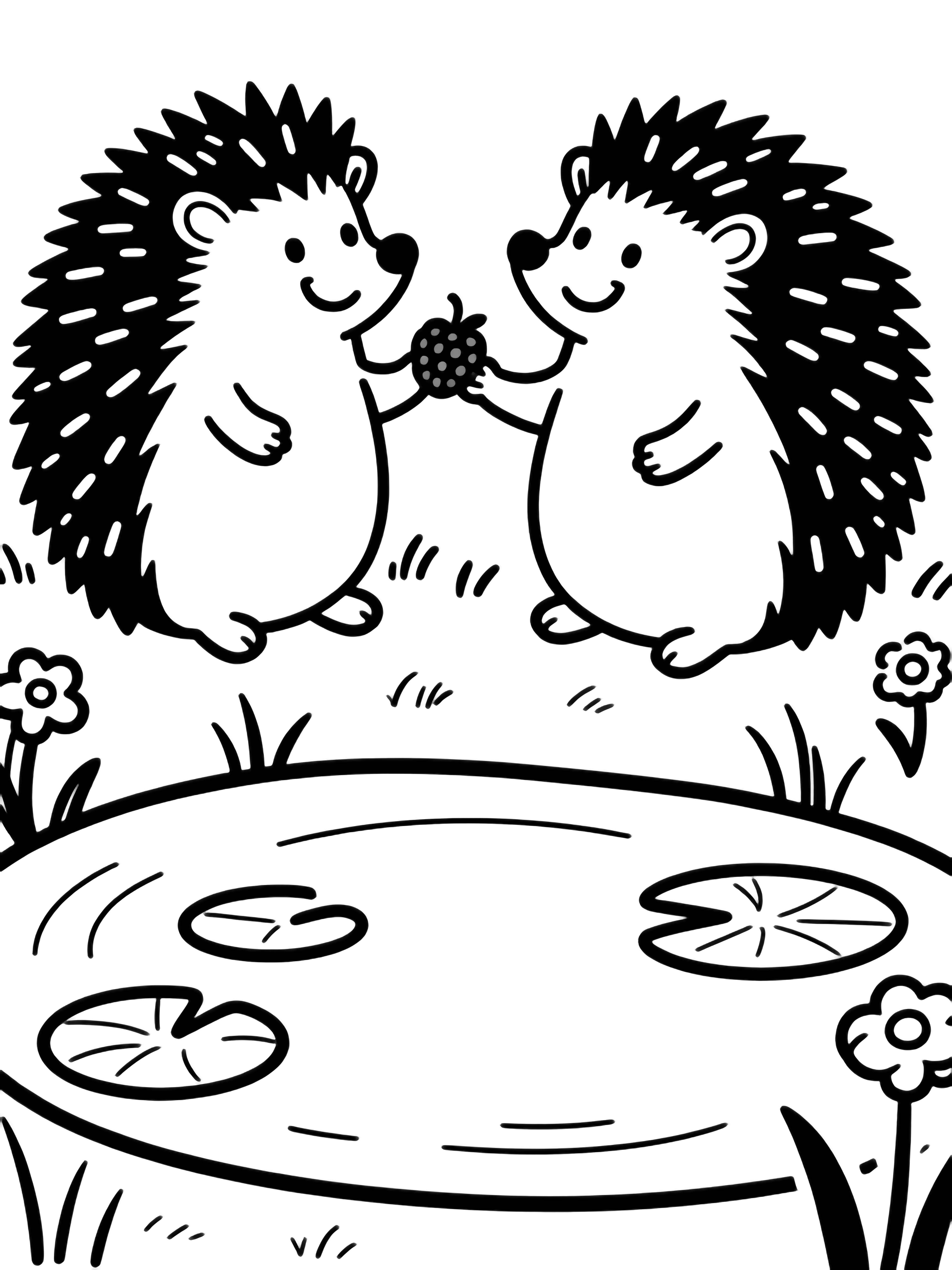 Two smiling hedgehogs sit facing each other beside a pond; one offers a berry, the other reaches out, surrounded by lily pads, tiny flowers, and grass tufts. kleurplaat