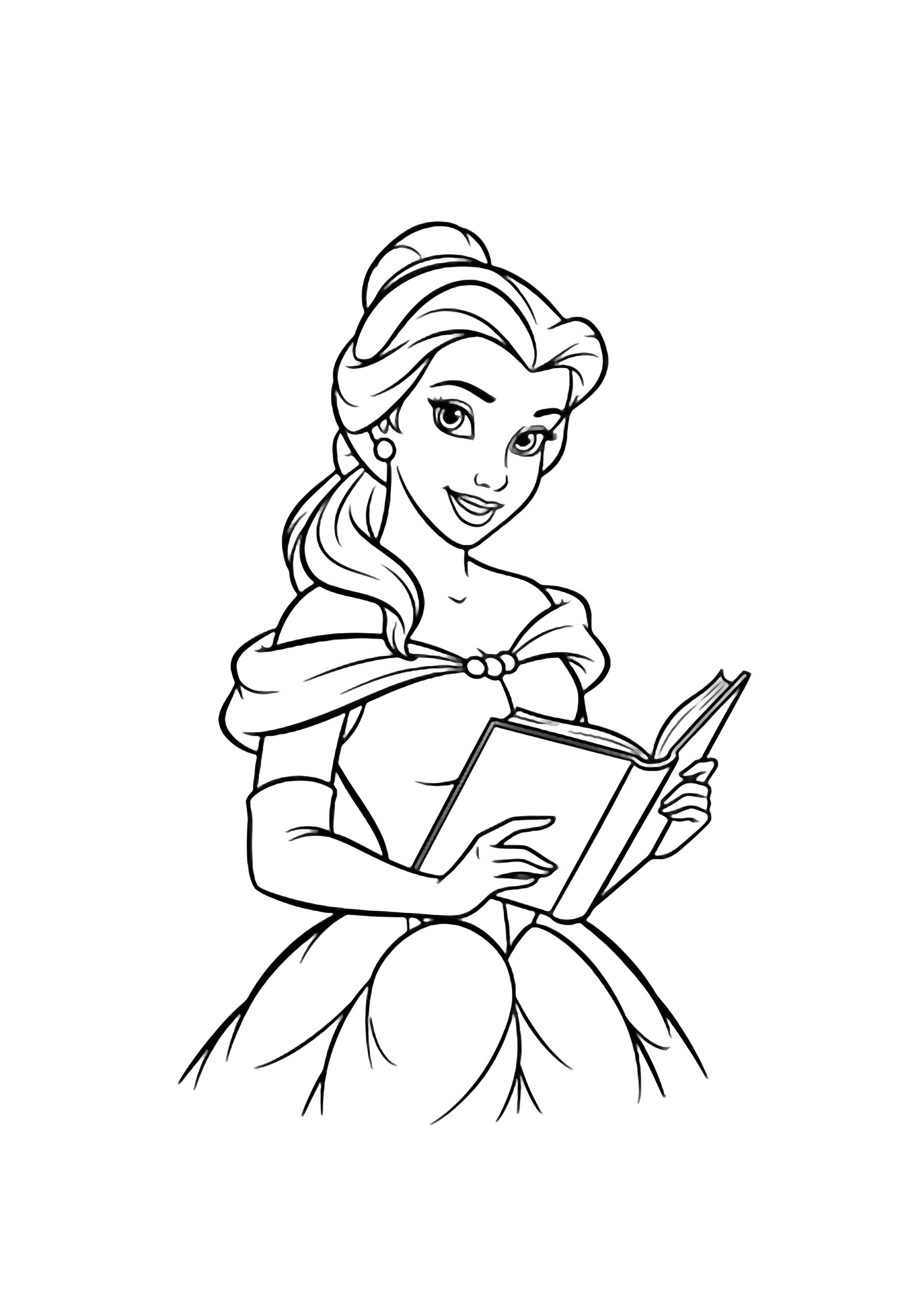 Belle staat glimlachend, met een open boek op haar heup; haar haar en jurk vloeien in zachte rondingen. kleurplaat
