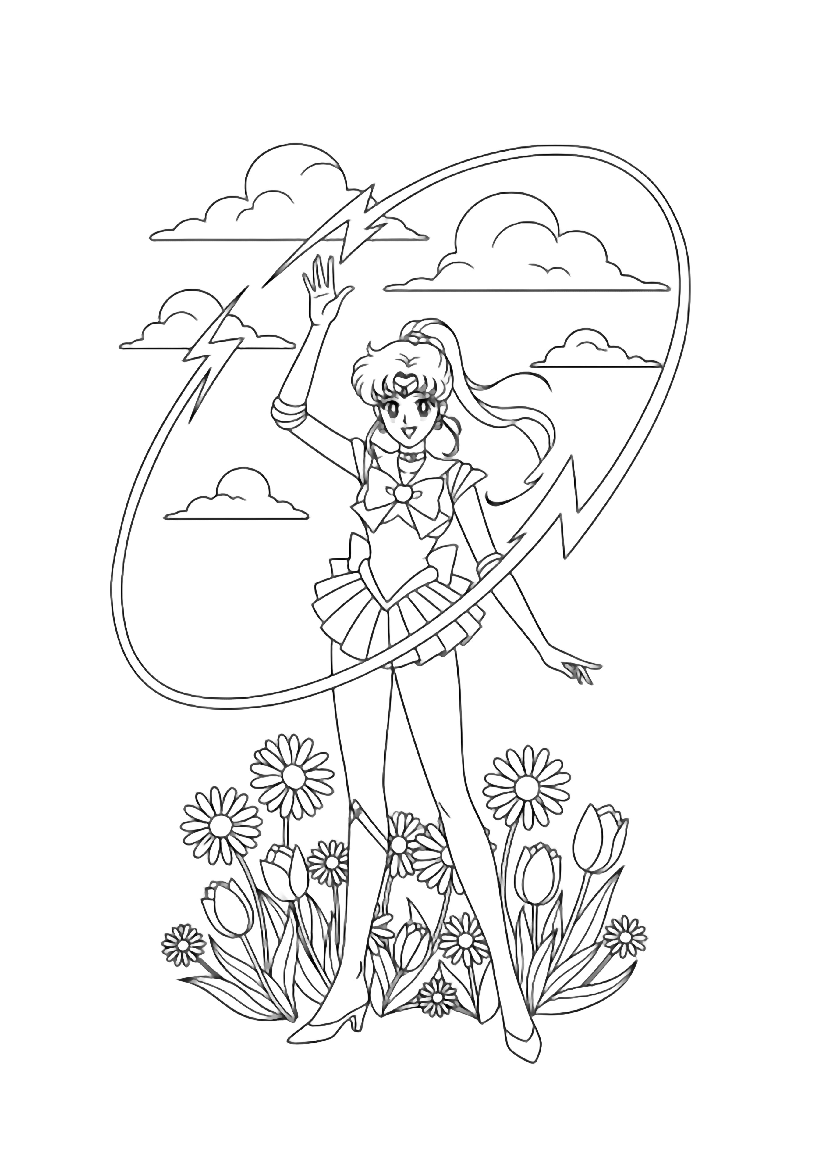 Sailor Jupiter smiling as she flings a looping lightning bolt, daisies and tulips at her feet, soft clouds drifting behind. kleurplaat