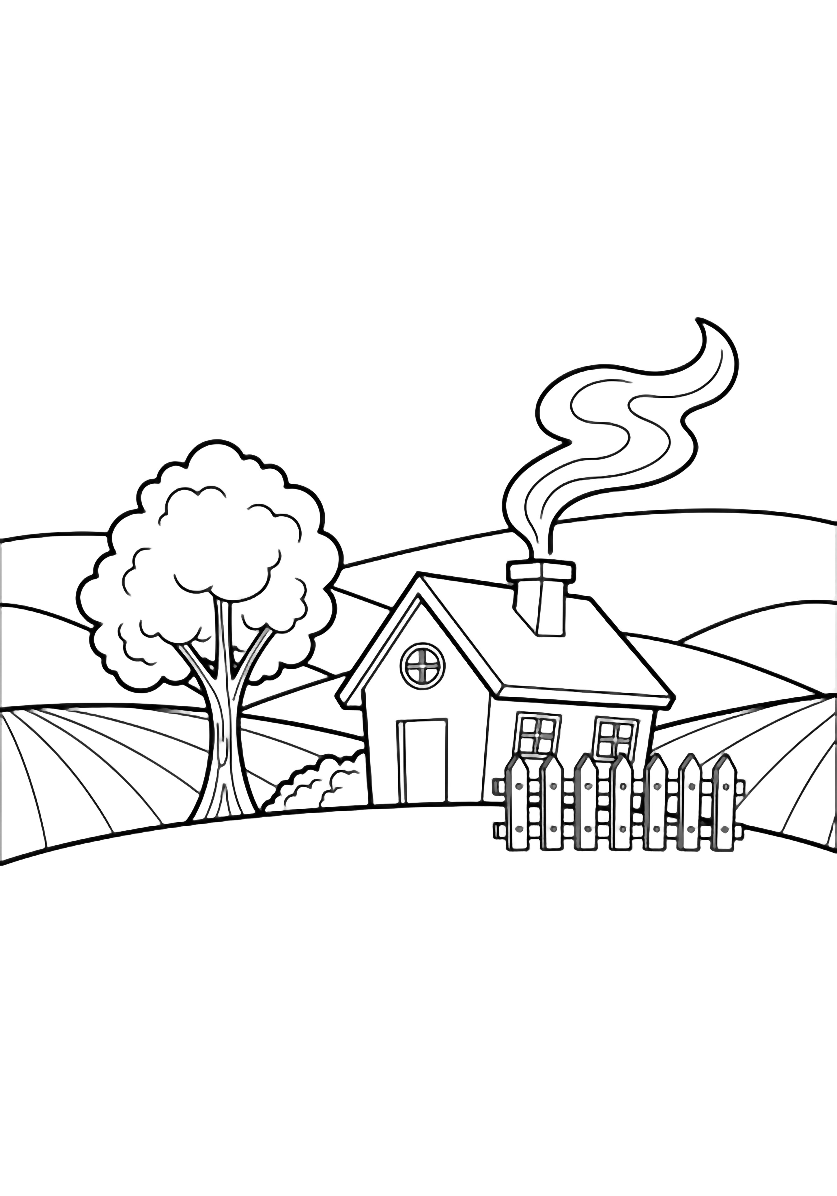 A lopsided farmhouse with a crooked chimney releasing wavy smoke, a picket fence, a single tree, and rolling hills behind. kleurplaat