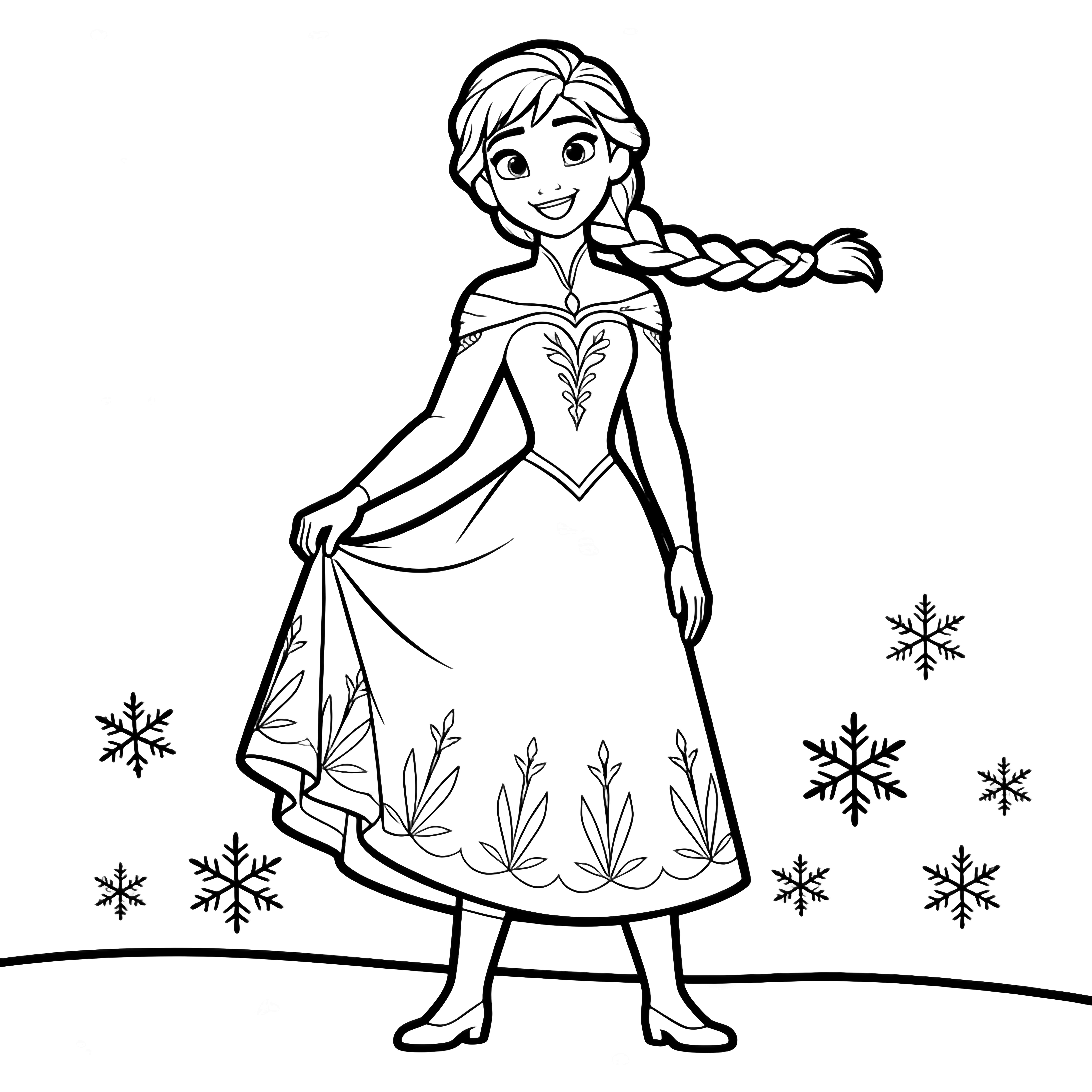 Anna smiling, lifting her dress hem, braids drifting, simple snowflakes drifting around her above a smooth ground kleurplaat
