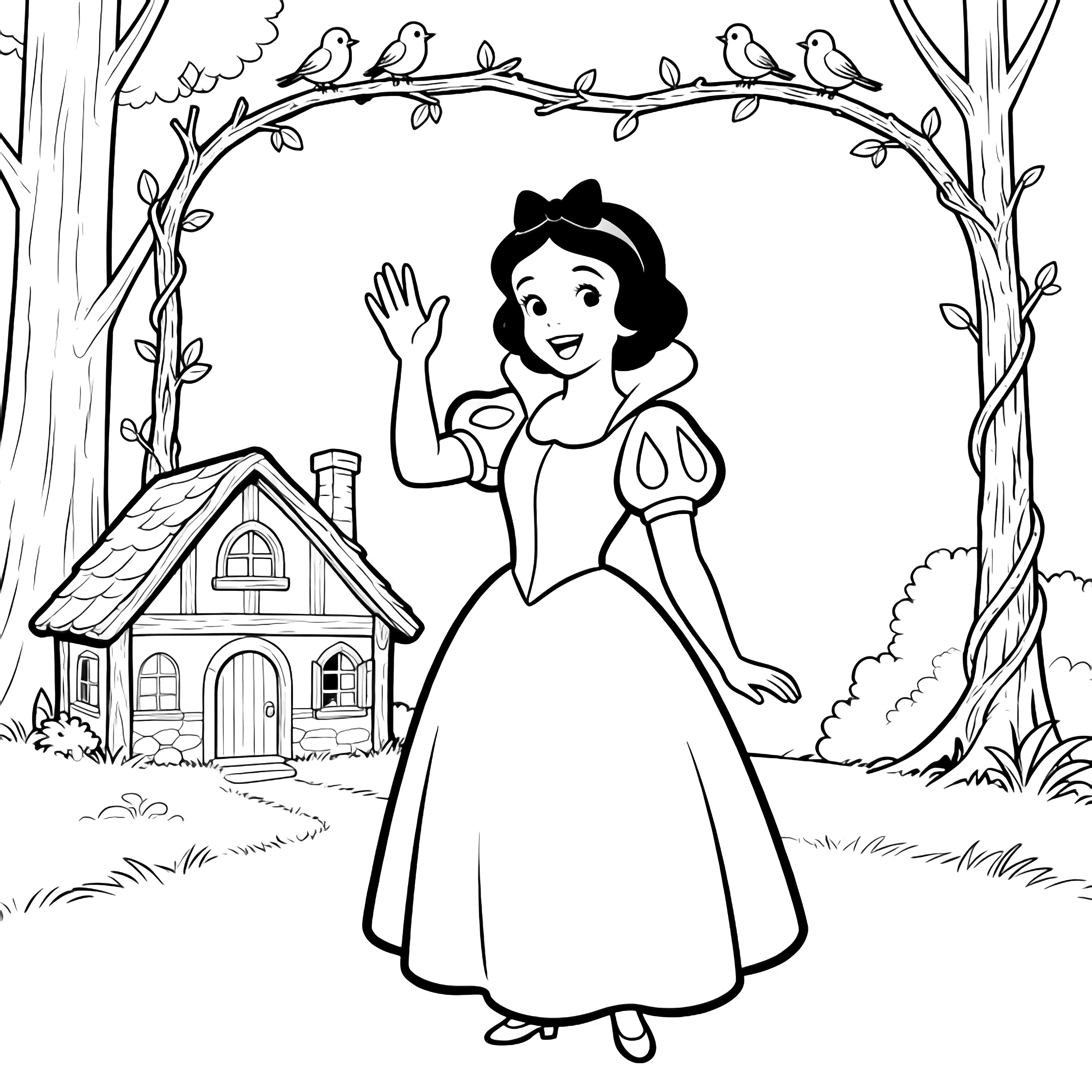 Snow White waves cheerfully in a simple skirt and bow, flanked by a tiny cottage and birds on a twig frame. kleurplaat