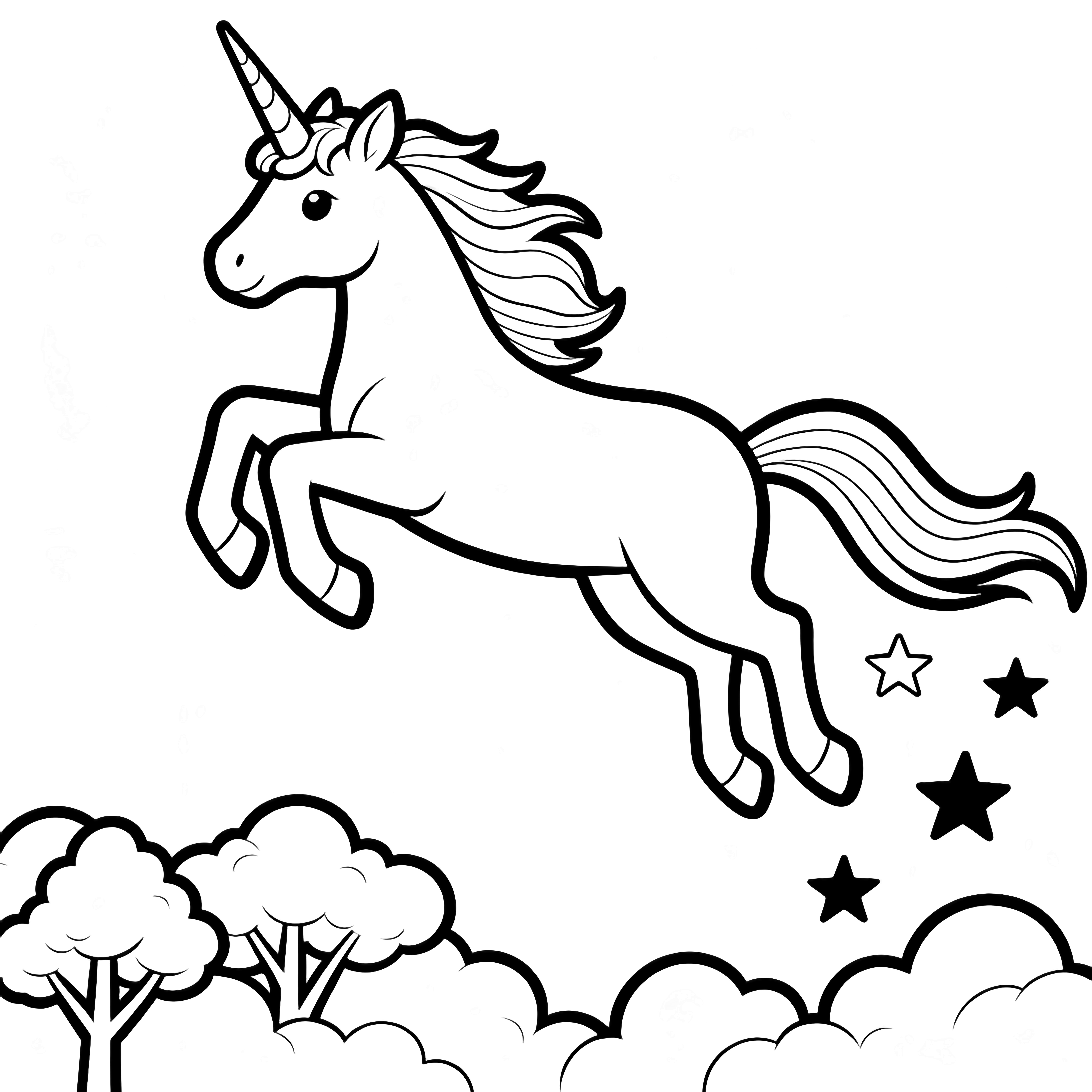 Unicorn flying above fluffy treetops, mane and tail flowing, tiny stars drifting behind. kleurplaat
