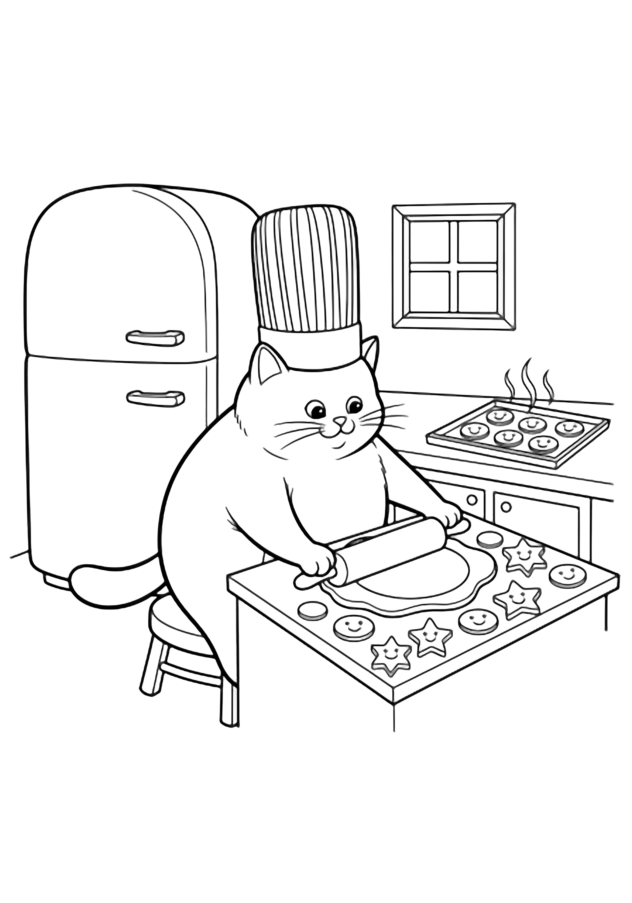 Plump cat in chef's hat on stool rolls cookie dough at counter; tiny kitchen with fridge, window, steaming tray, smiling cookie shapes. kleurplaat