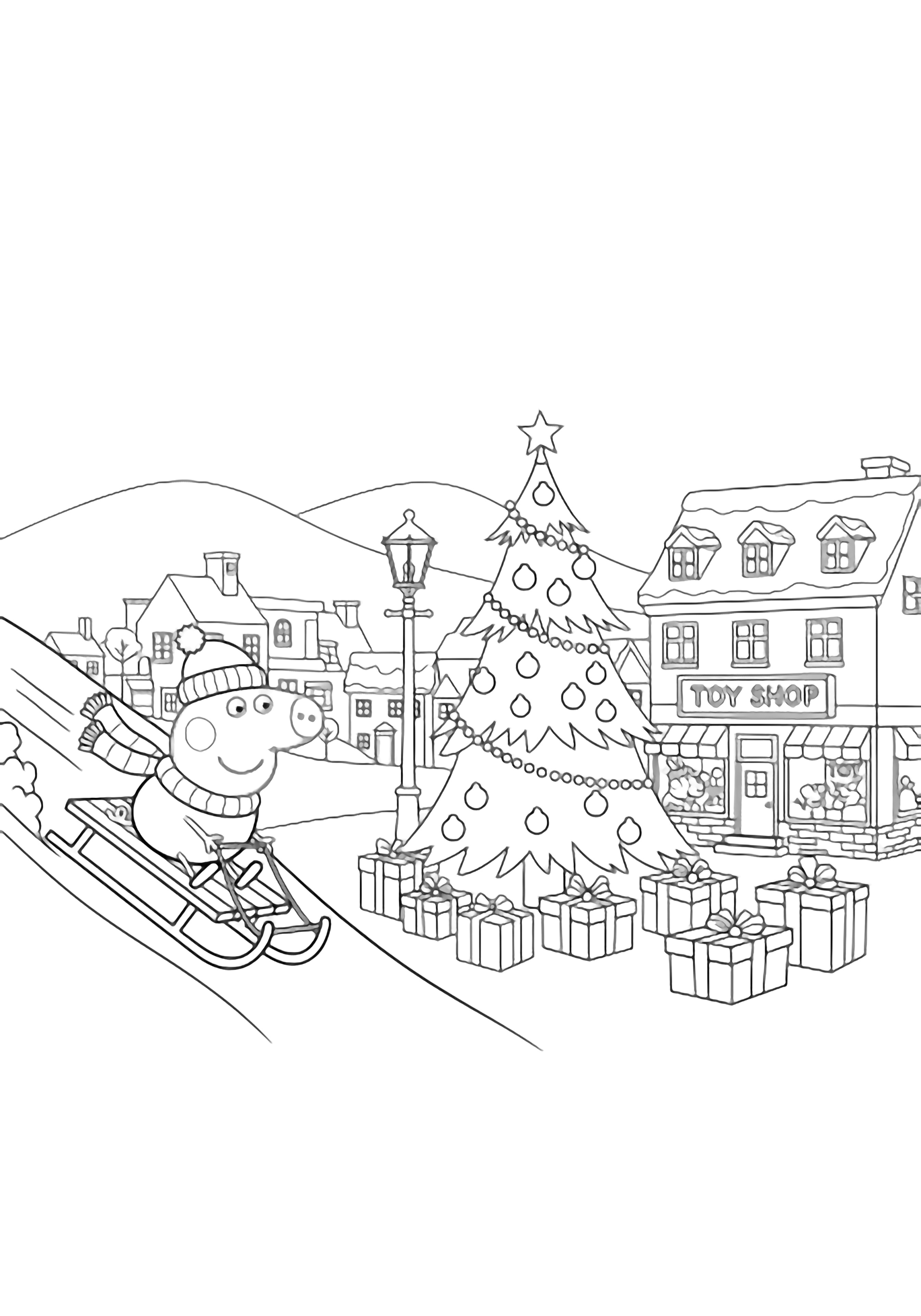 illustration on a Peppa Pig sleds downhill on a simple sled; big Christmas tree stands in small town square with toy shop lamppost gift boxes gentle hills behind all outlined for clean black kleurplaat