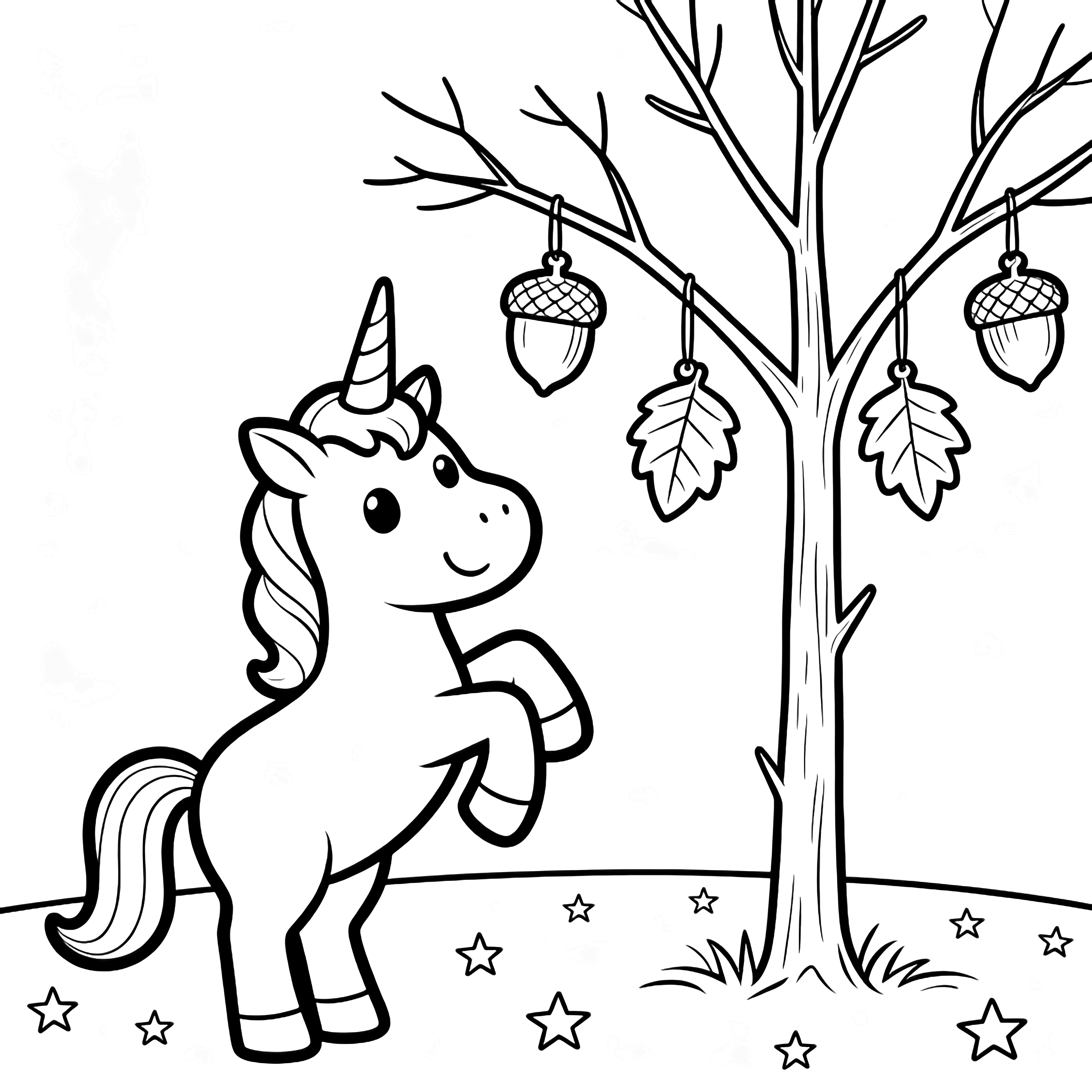 Smiling unicorn rears up, hanging acorn and leaf ornaments on a sparse tree while tiny stars drift around. kleurplaat