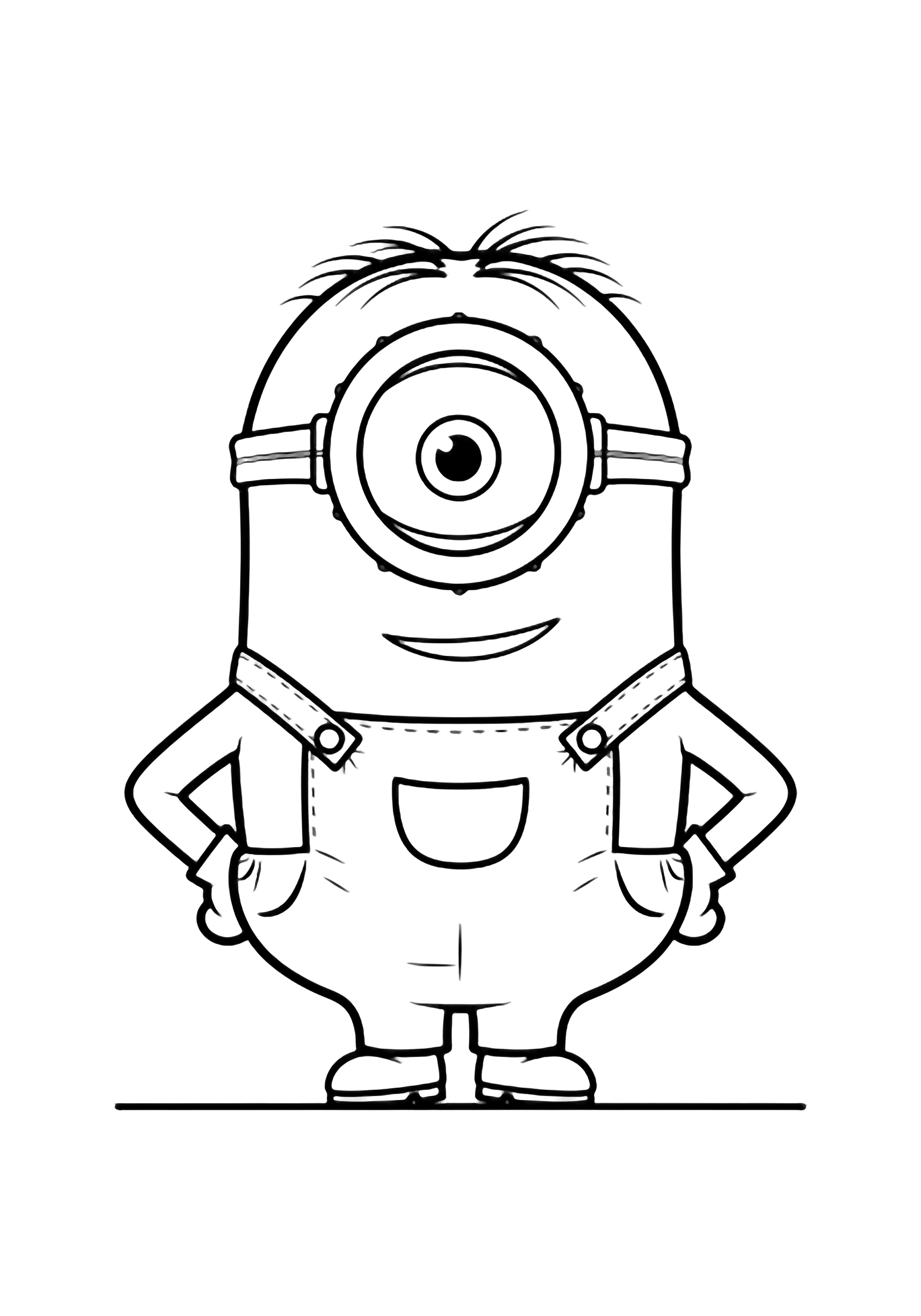 A cheerful one-eyed Minion stands front-facing, hands on hips, wearing overalls with a goggle band and small tufts of hair, a simple floor line behind. kleurplaat