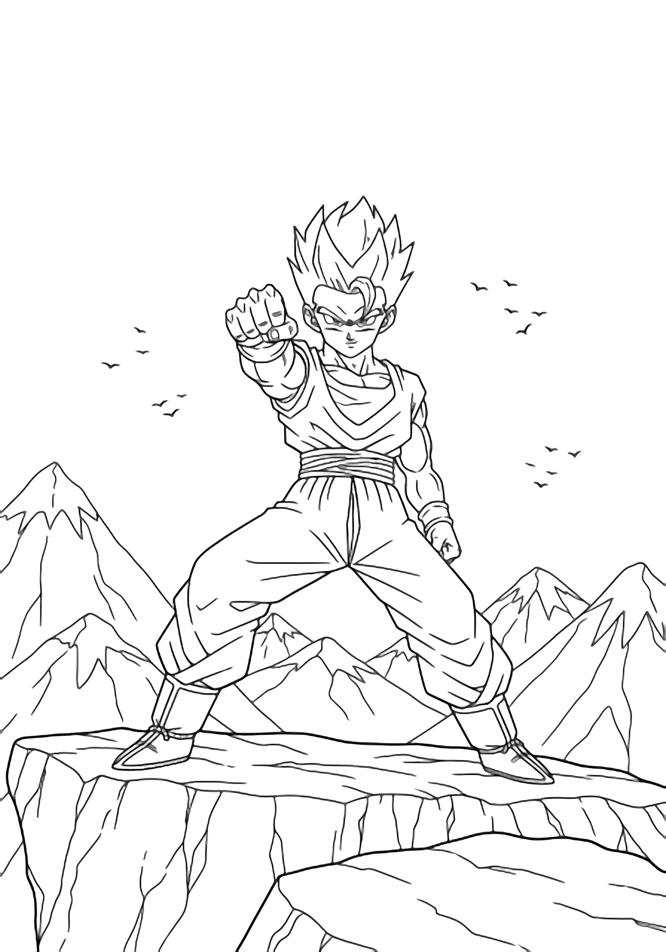 Gohan stands in a wide stance on a rocky ledge, one fist forward, spiky hair; distant mountain peaks and tiny birds behind him. kleurplaat