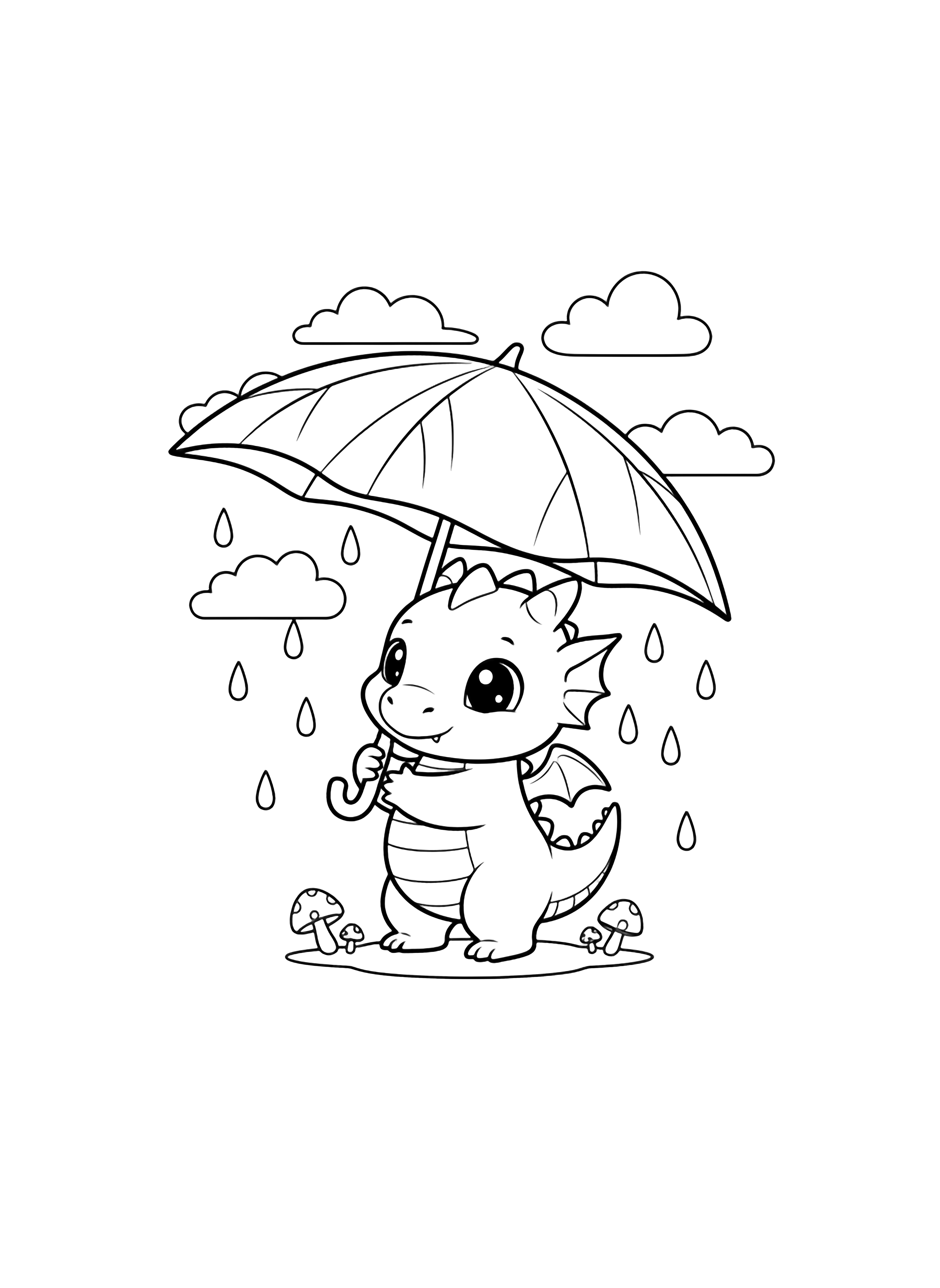 Chibi baby dragon hugging a huge leaf umbrella, raindrops falling from clouds above tiny mushrooms. kleurplaat