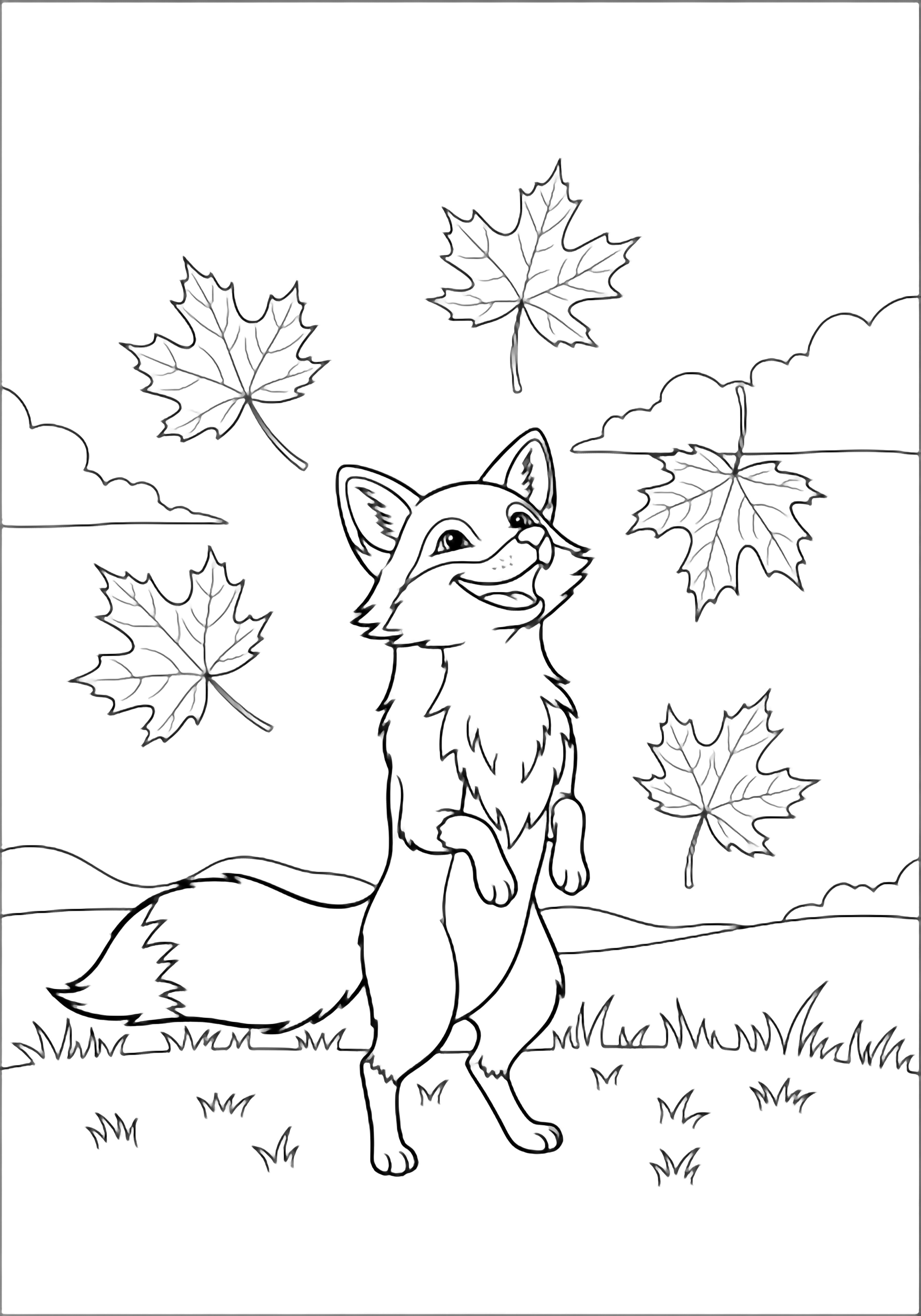 A cheerful fox on its hind legs, head tilted up, tail curled, with six large maple leaves drifting around and a simple grass line below. kleurplaat