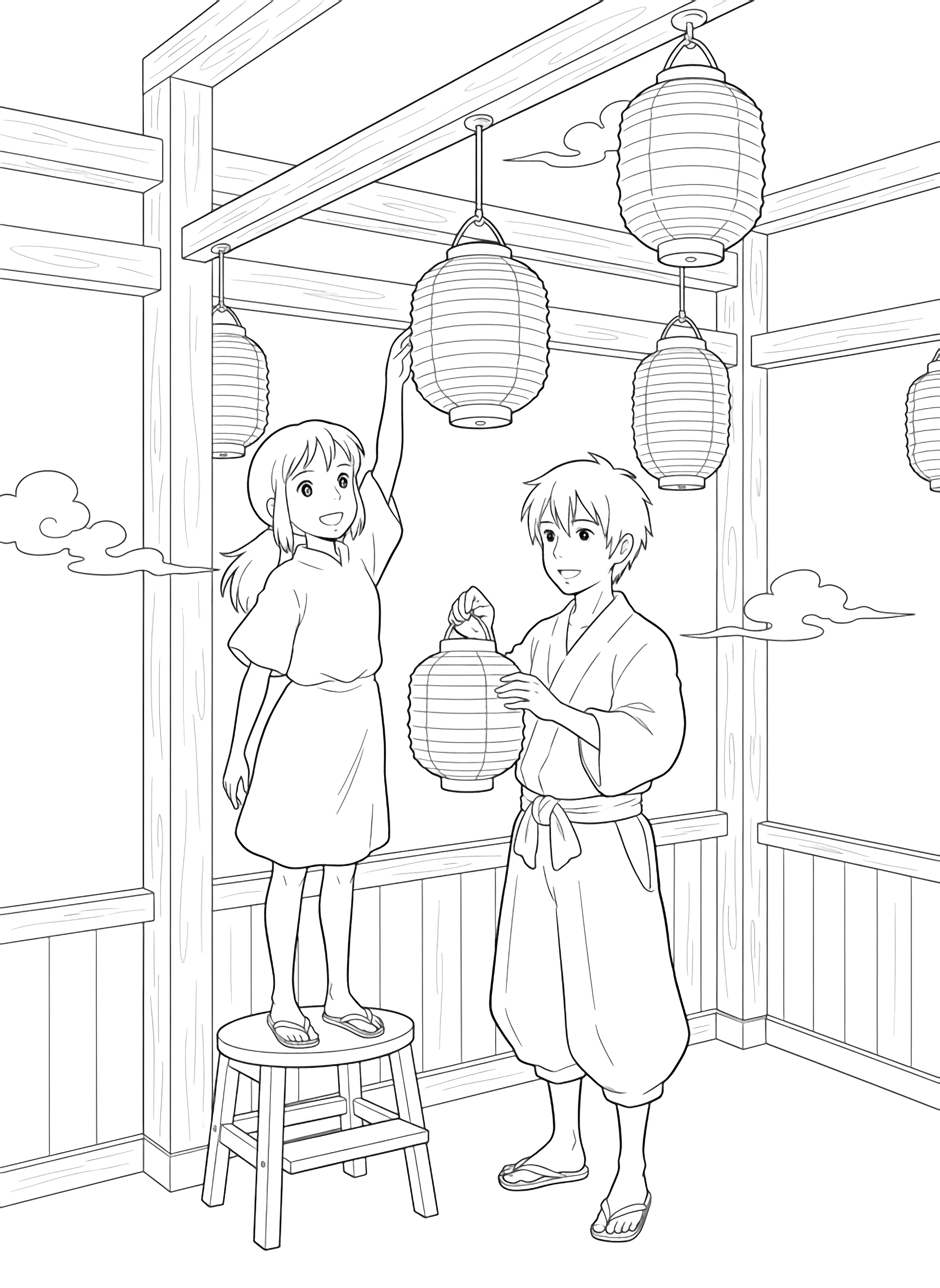 Chihiro reaches up to hang a lantern from a step; Haku stands beside her holding another lantern, both smiling inside a bathhouse with empty lantern frames and drifting clouds. kleurplaat