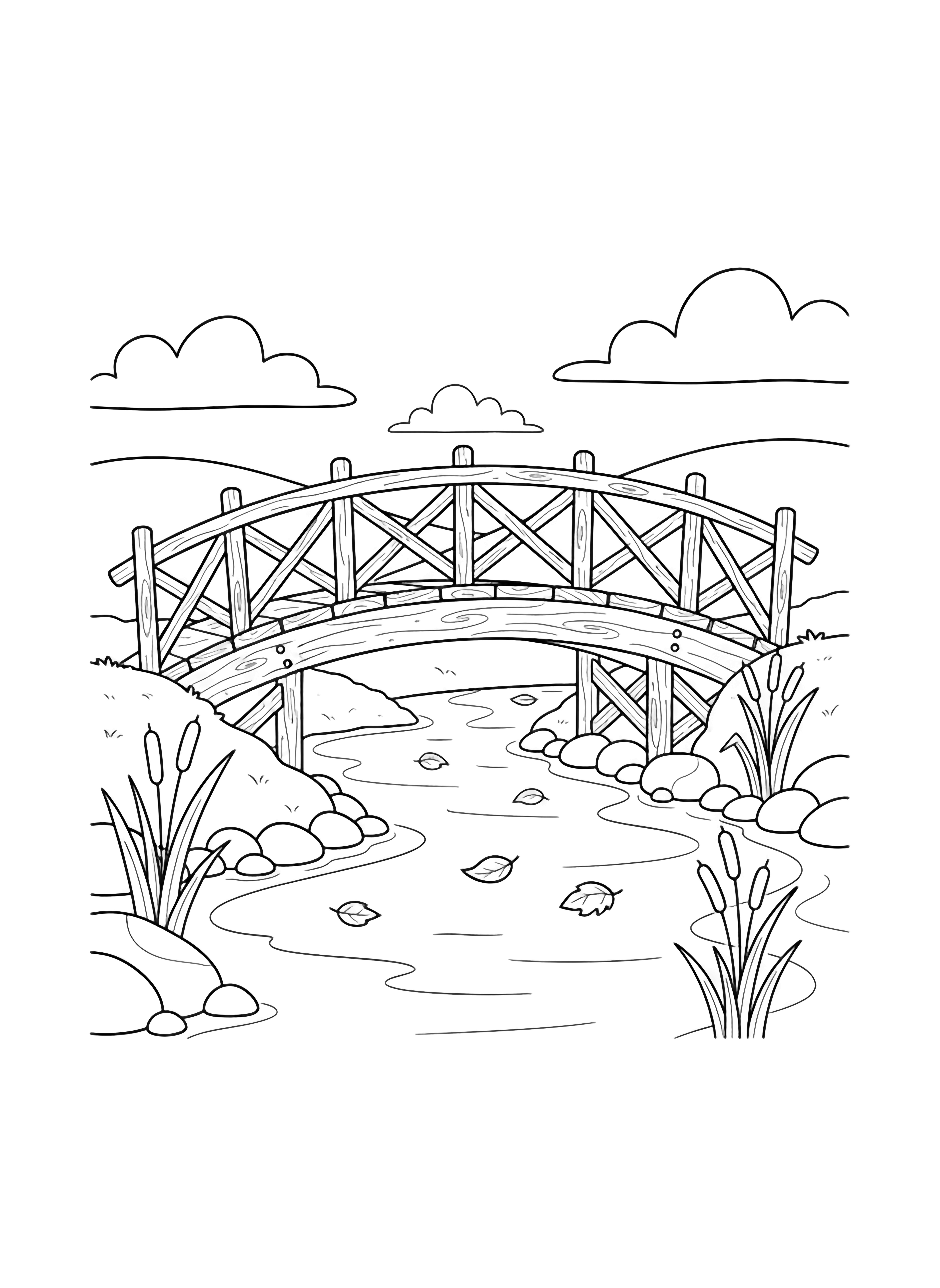 A wooden bridge with railings crosses a calm river; stones and cattails edge the banks, drifting leaves on the water, distant hills and clouds behind. kleurplaat
