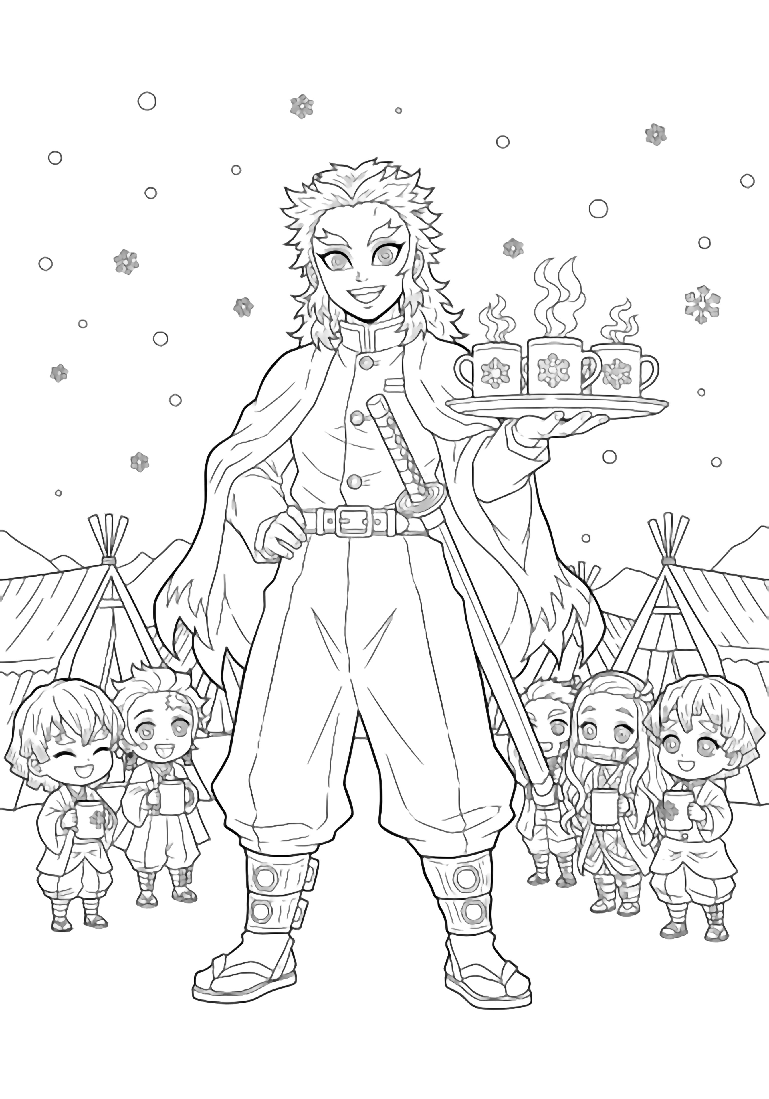 Rengoku cheerfully holds a tray of steaming mugs while snowflakes drift around him; behind, simple tents and smiling chibi Demon Slayer friends wait for cocoa. kleurplaat