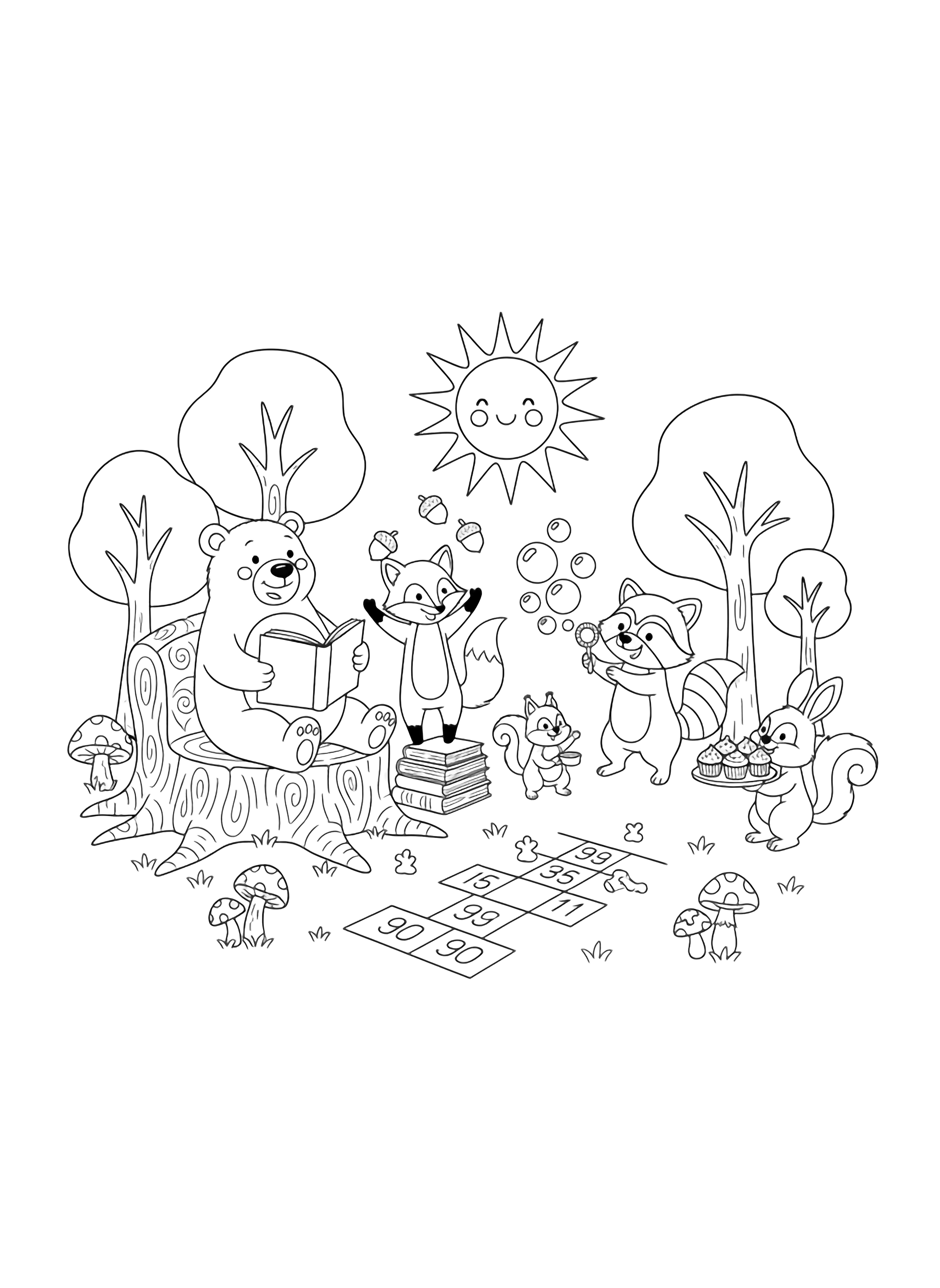 illustration on a A smiling bear book open lounges on a stump sofa while a fox juggles acorns a raccoon blows bubbles two squirrels play hopscotch and a bunny offers cupcakes beneath simple trees mushrooms and a smiling sun; all wide on white clean black kleurplaat