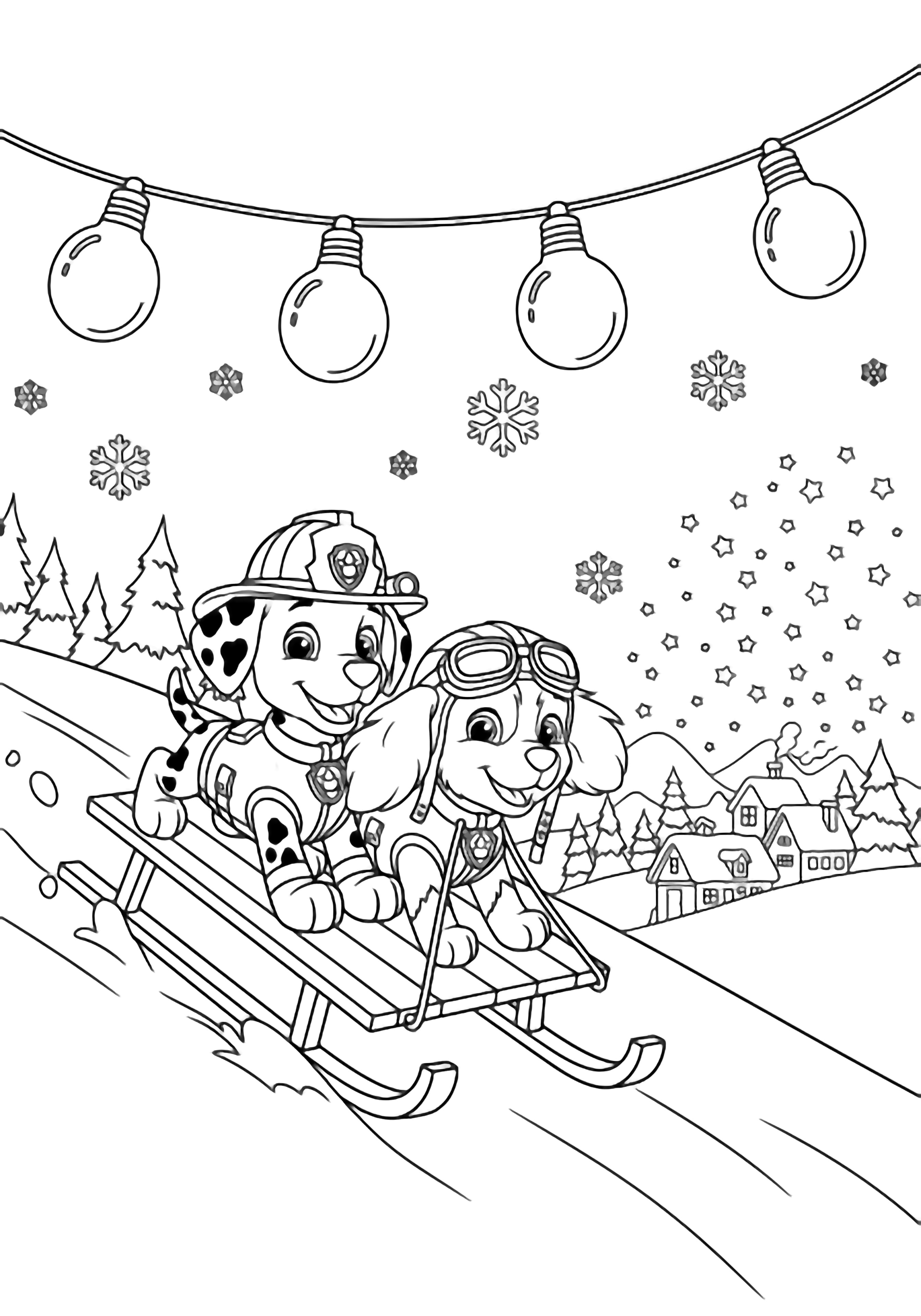 illustration on a Marshall the pup firefighter and Skye the pilot pup sled toward a snowy village beneath twinkling star lights; simple snowflakes drift around them evergreen silhouettes and a string of empty bulbs frame the happy rescue scene clean black kleurplaat