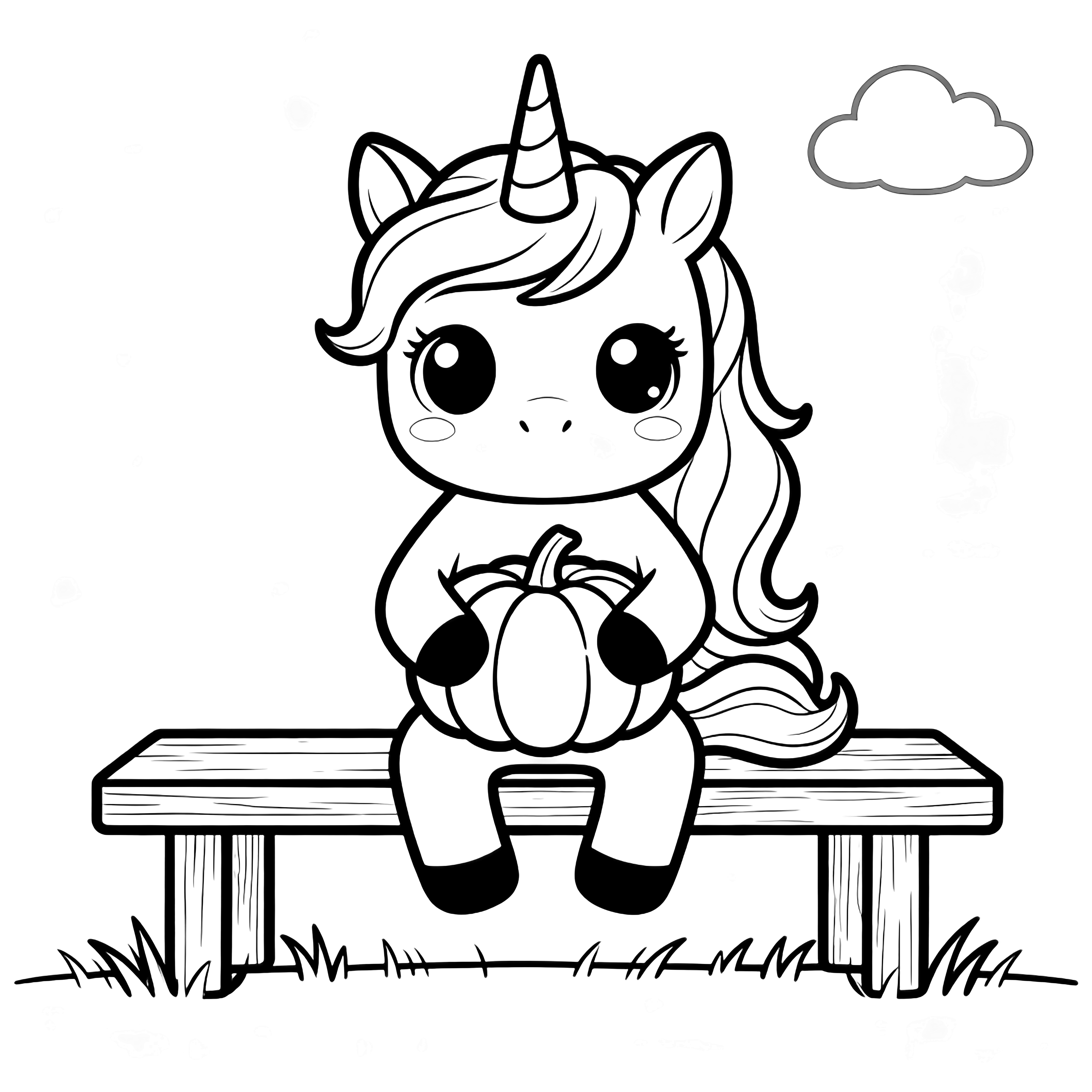 A kawaii unicorn with big eyes and flowing mane sits on a wooden bench, hugging a round pumpkin; grass line below, tiny cloud above. kleurplaat
