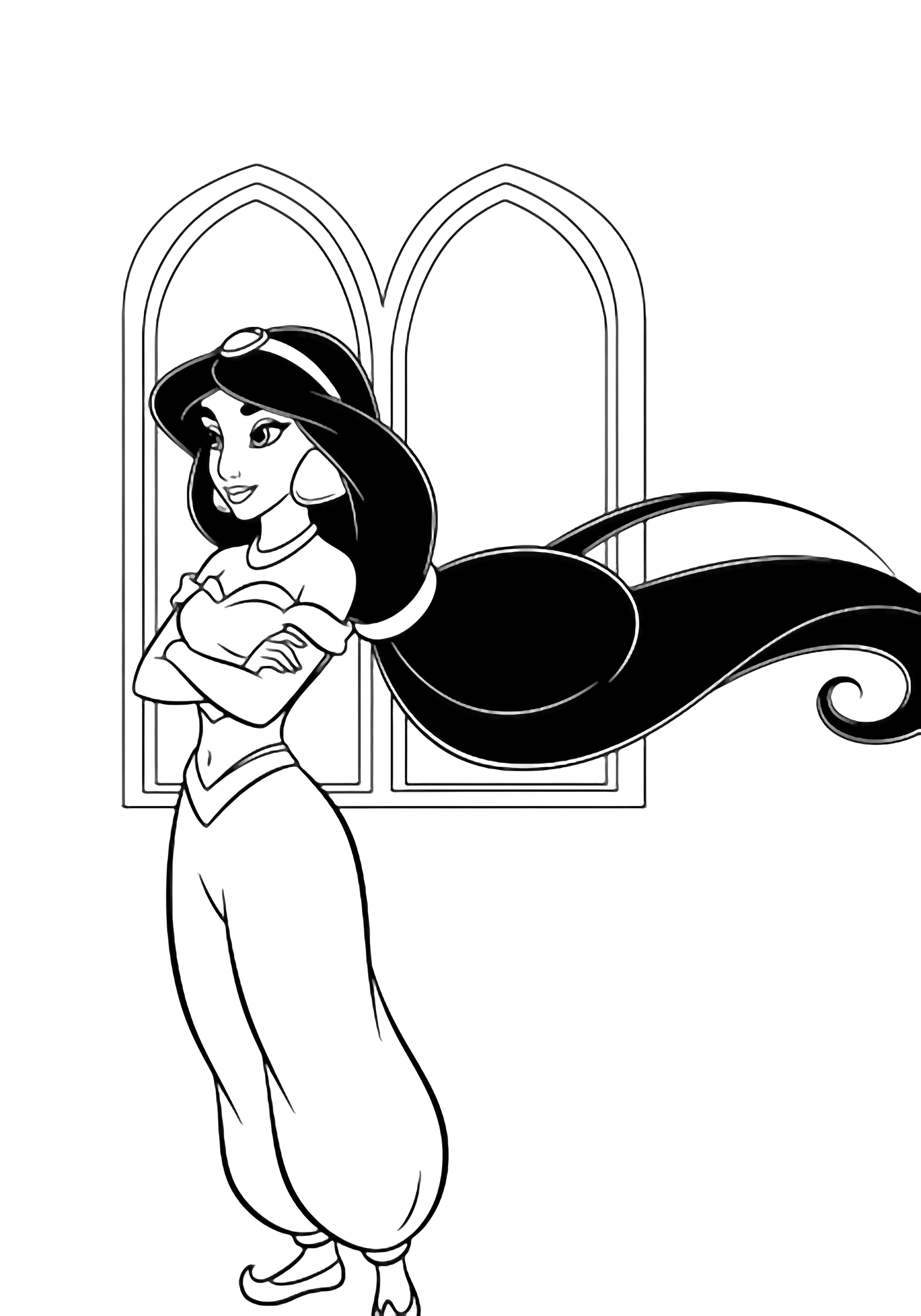 Jasmine stands sideways with arms crossed, long black hair flowing behind her; palace window arches frame the blank background. kleurplaat