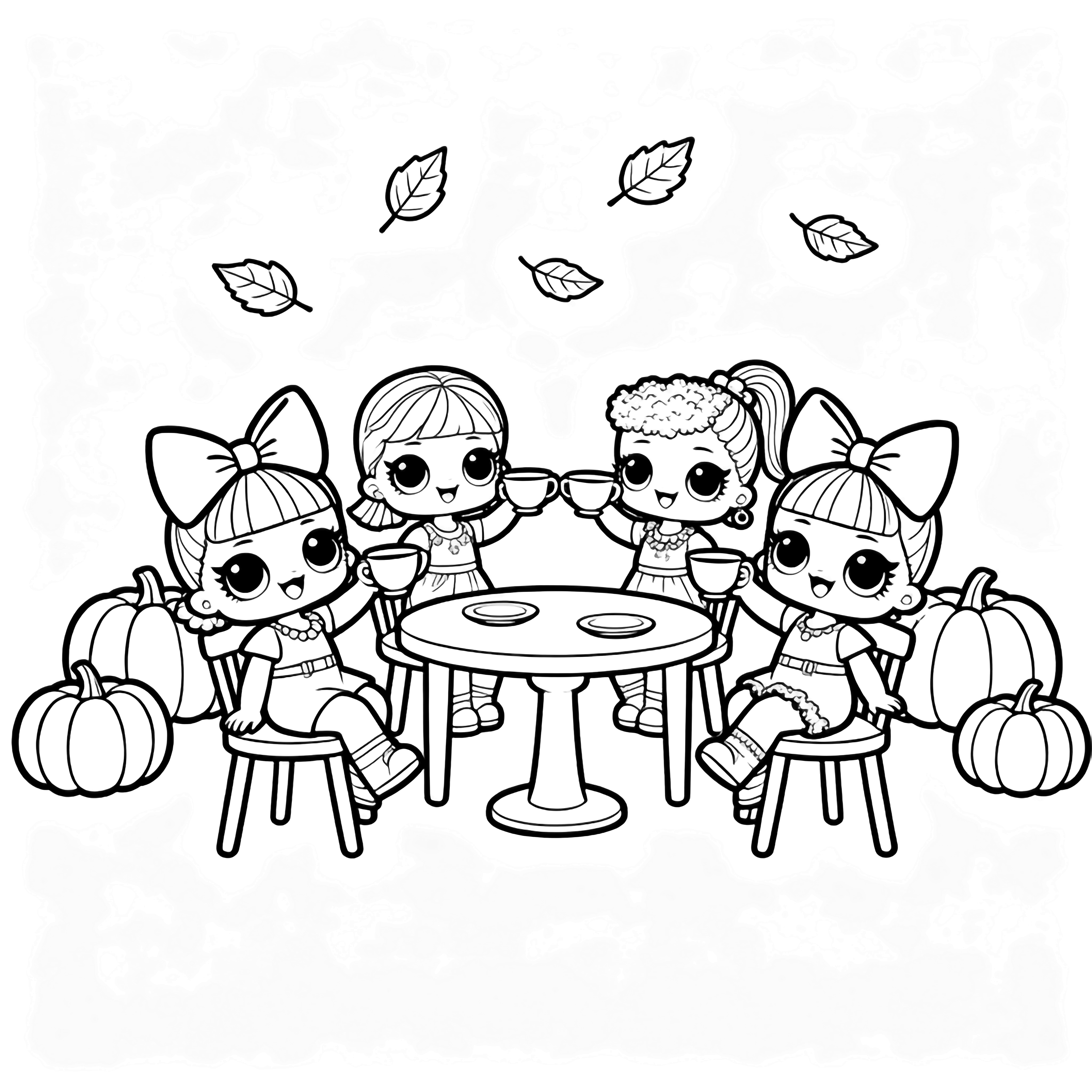 Four smiling LOL dolls with big bows sit at a tiny table raising teacups, surrounded by pumpkins and drifting leaves, empty chairs beside them. kleurplaat