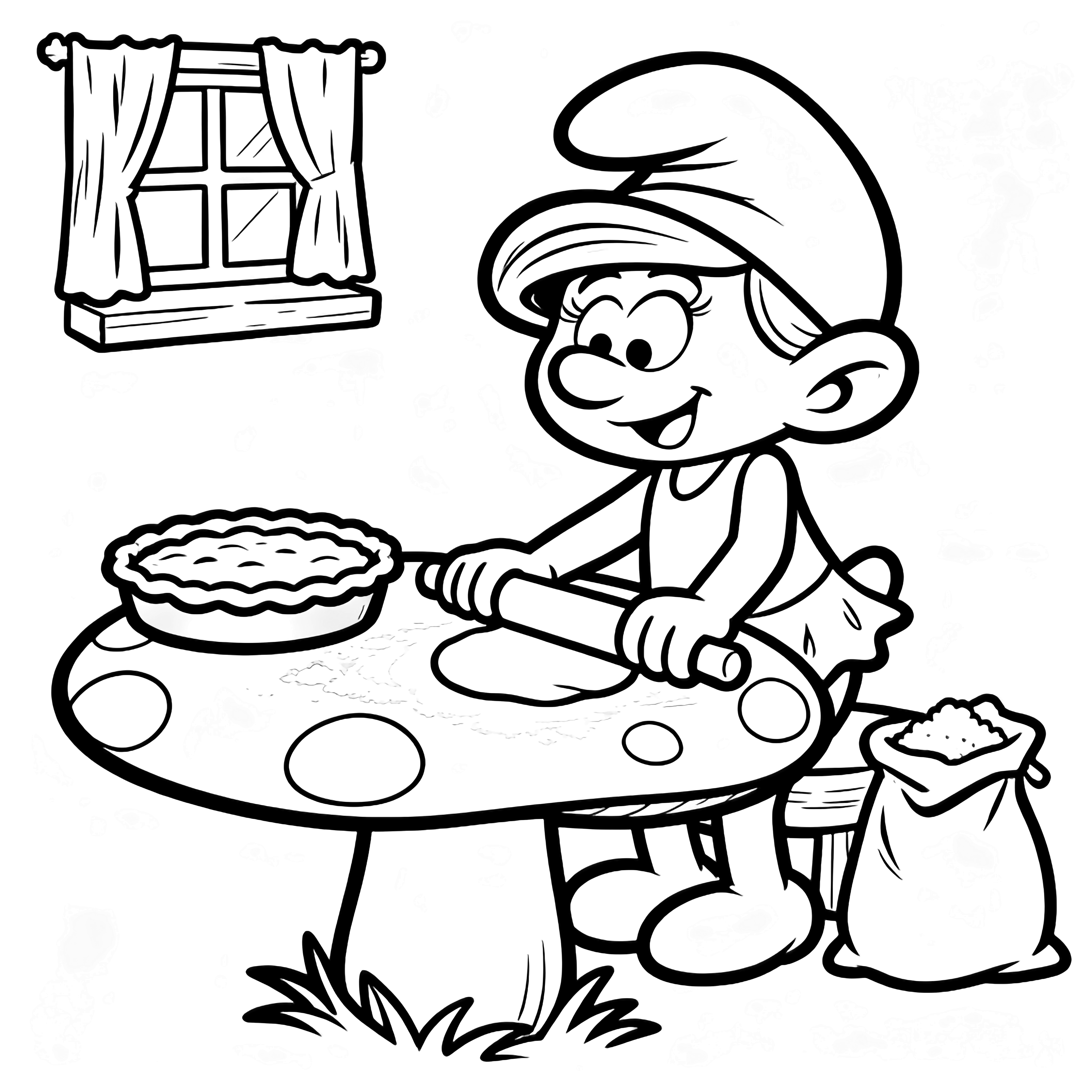 Smurfette rolls dough on a mushroom table, pie pan and flour sack nearby, curtained window behind her. kleurplaat