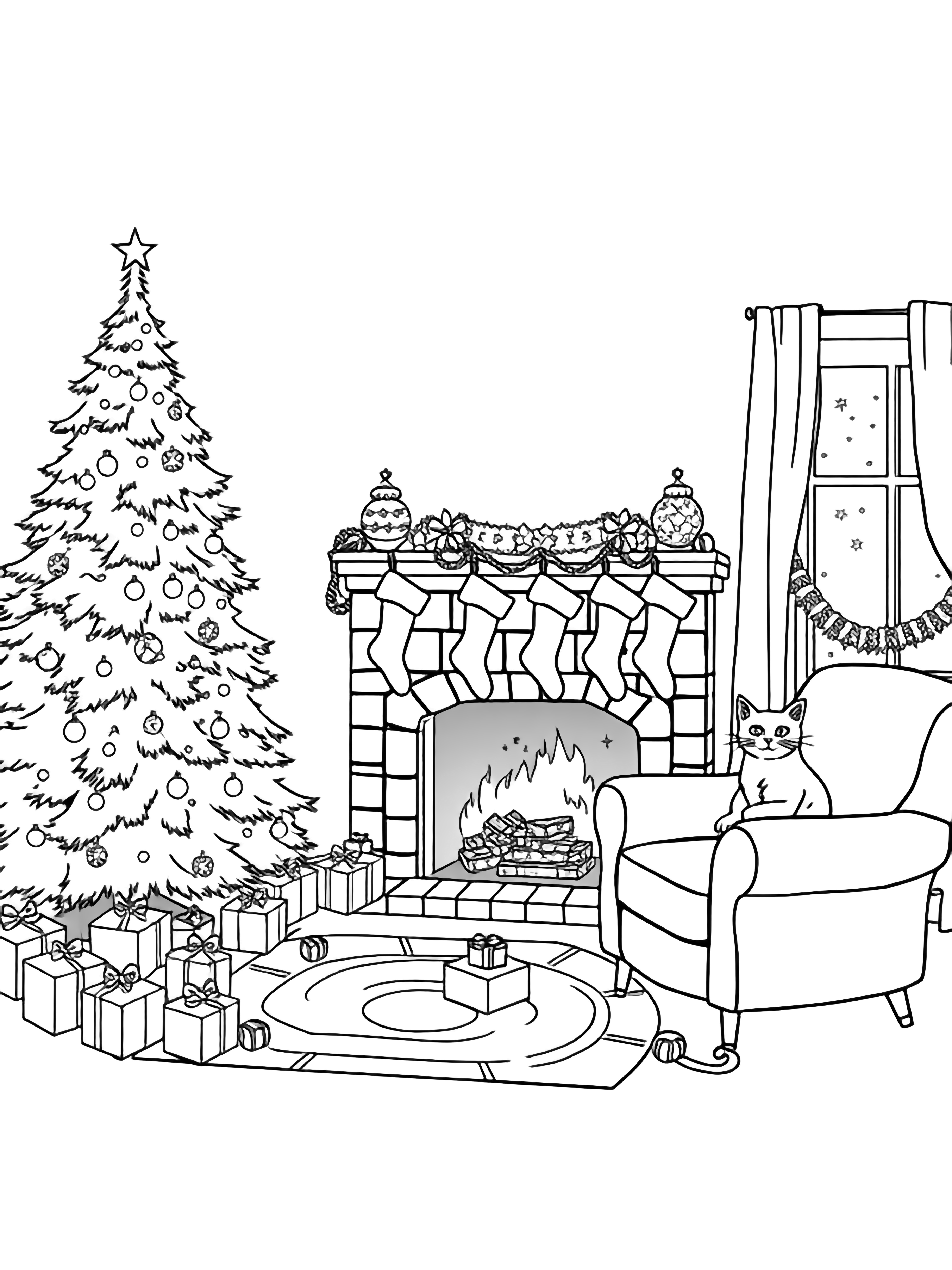 illustration on a Cozy living room with tall Christmas tree left crackling fireplace center five stockings hanging from mantel curved armchair right simple rug bare window showing starry sky toys scattered open gift box candy canes snowflake garland smiling cat curled on chair arm clean black kleurplaat