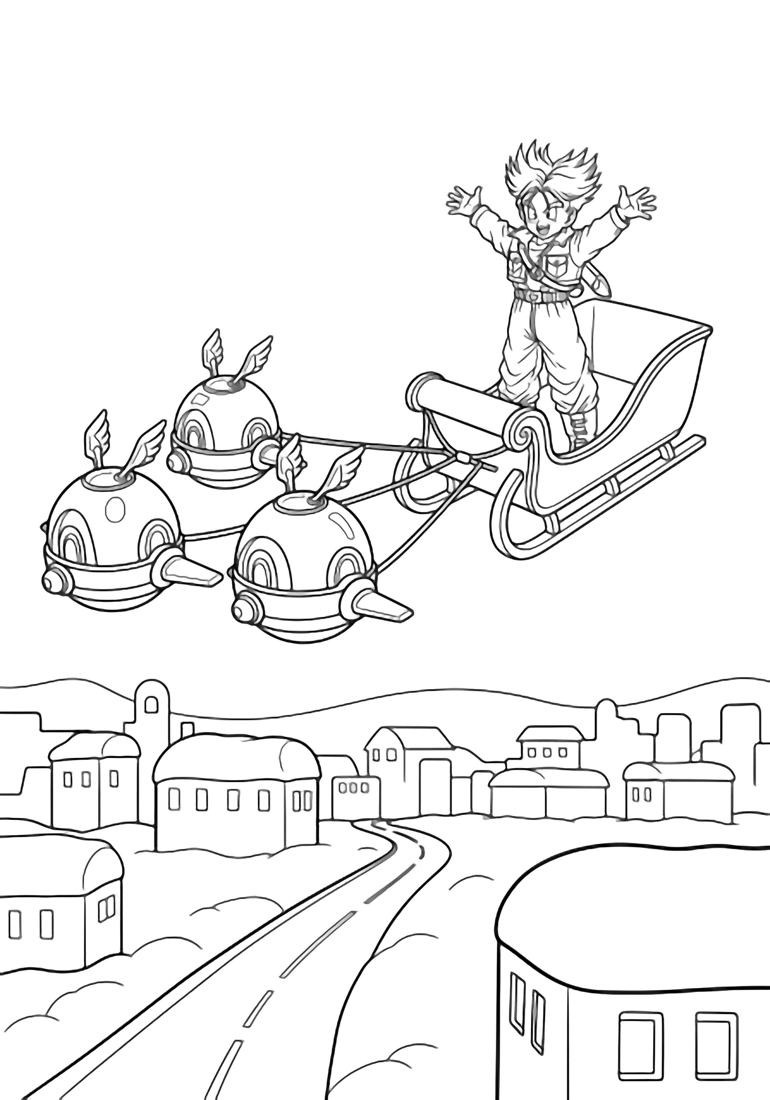 Trunks stands arms-wide in a sleigh pulled by three winged capsules gliding above snowy rooftops and a curving road. kleurplaat