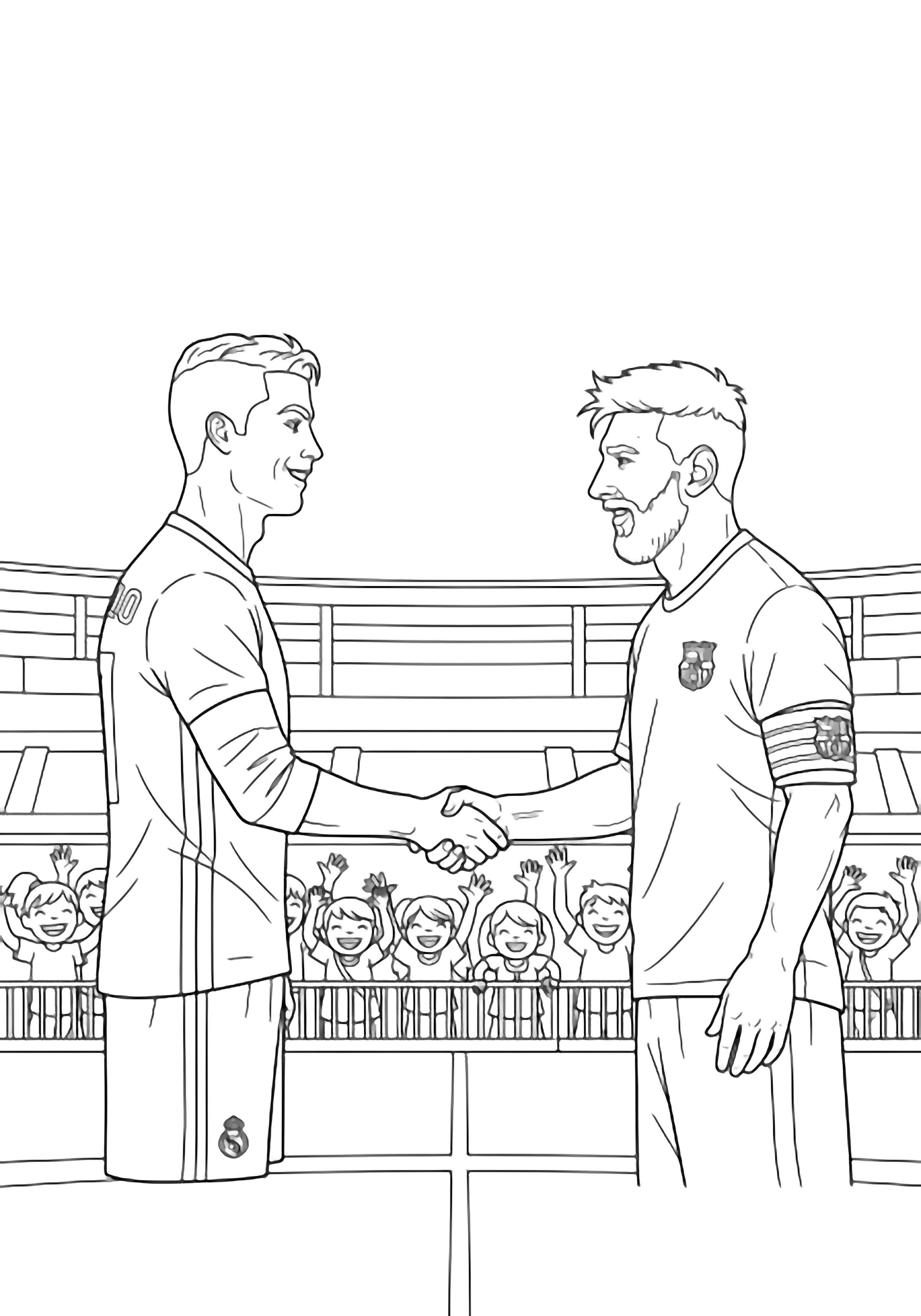 Ronaldo and Messi shake hands at midfield; behind them, happy children wave from beyond a low fence in a simple stadium. kleurplaat