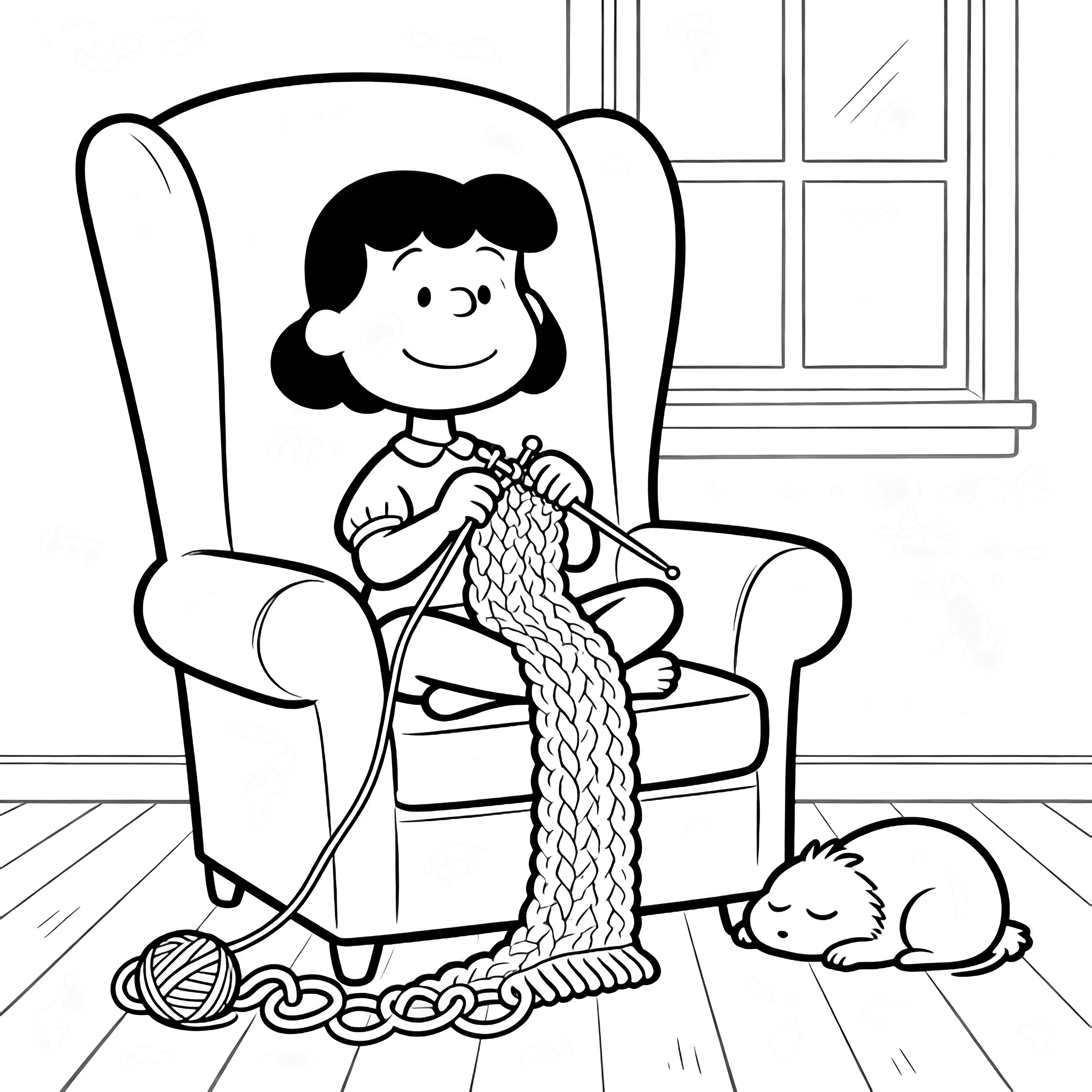 Mabel sits cross-legged in a big armchair knitting a long scarf, loops spilling from her needles; Waddles naps beside her on simple floorboards near a window. kleurplaat
