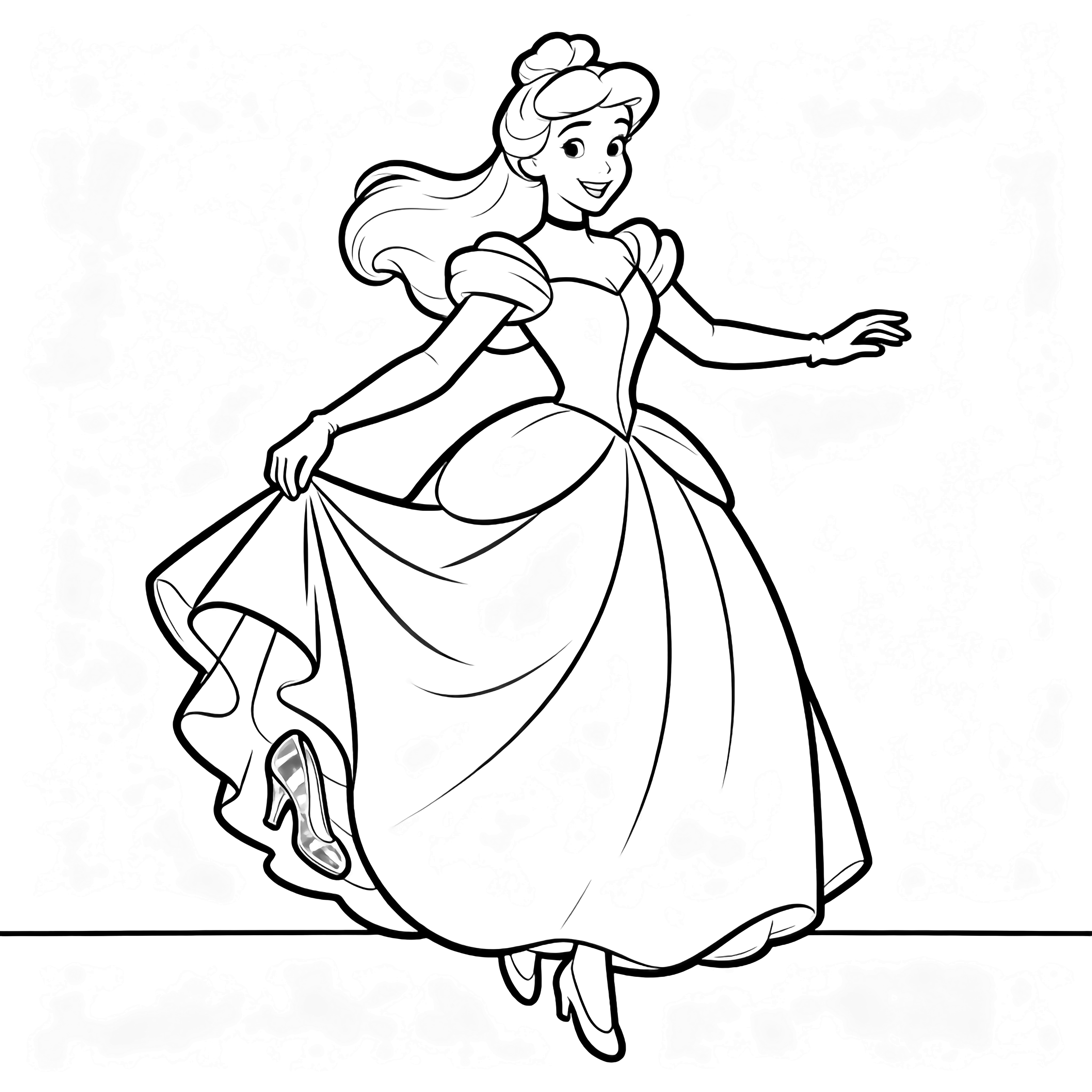 Cinderella twirls mid-step, lifting her ballgown hem to reveal a glass slipper, smiling with arms extended. kleurplaat