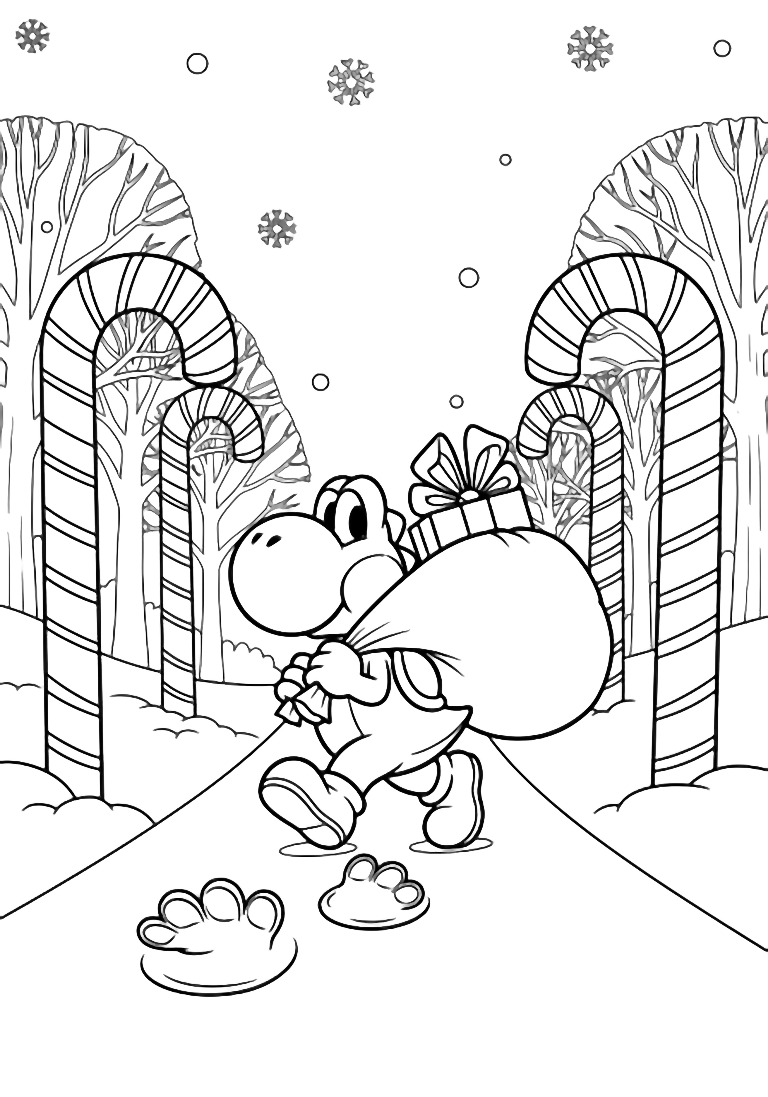 Yoshi carries a giant gift-bag across snowy ground, candy-canes lining the path, bare trees and drifting snowflakes around him. kleurplaat