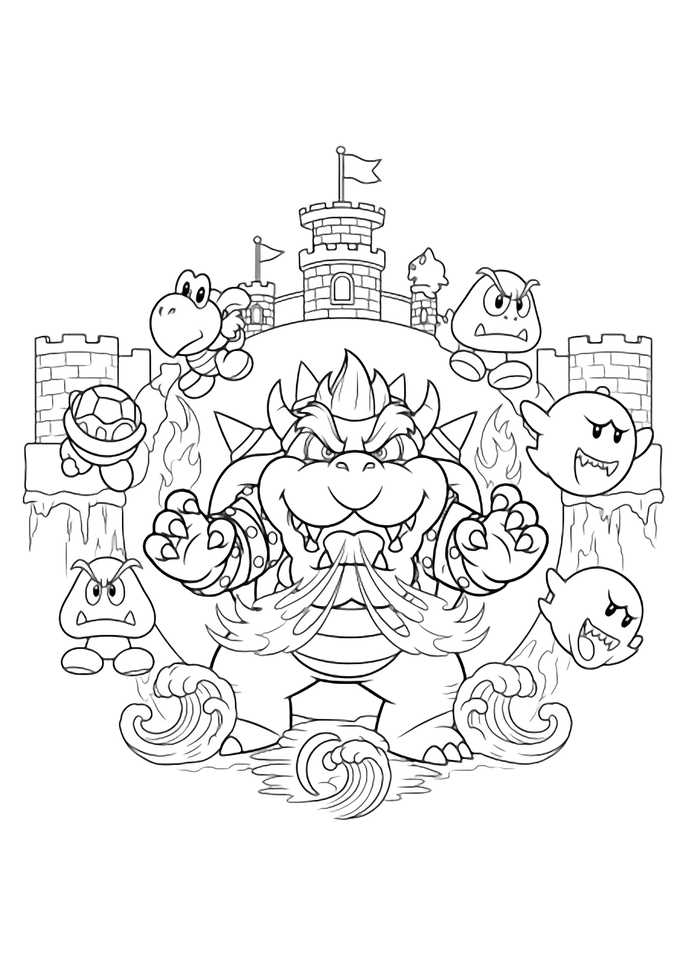 Bowser brult tussen vlammende waasjes, omringd door Koopa, Goomba, Boo; kasteelmuren, vlag, lavagolven op de achtergrond. kleurplaat