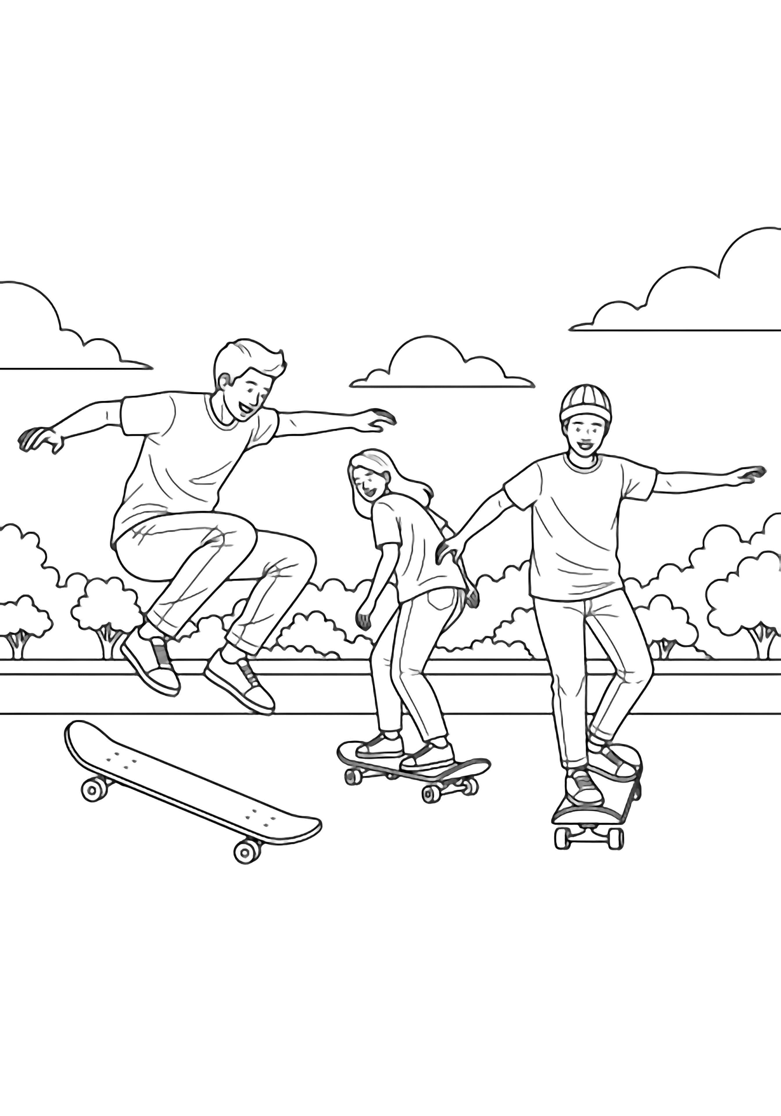 Three happy adults skateboard in a park: one jumps, one rides backward, one balances on a single wheel; clouds and a distant treeline behind them. kleurplaat